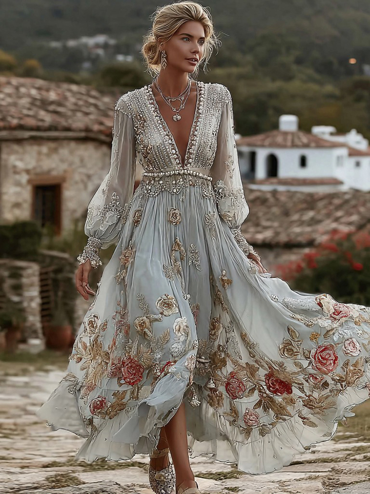 Women's Vintage Bohemian Floral Embroidered Casual Long Sleeve Dress