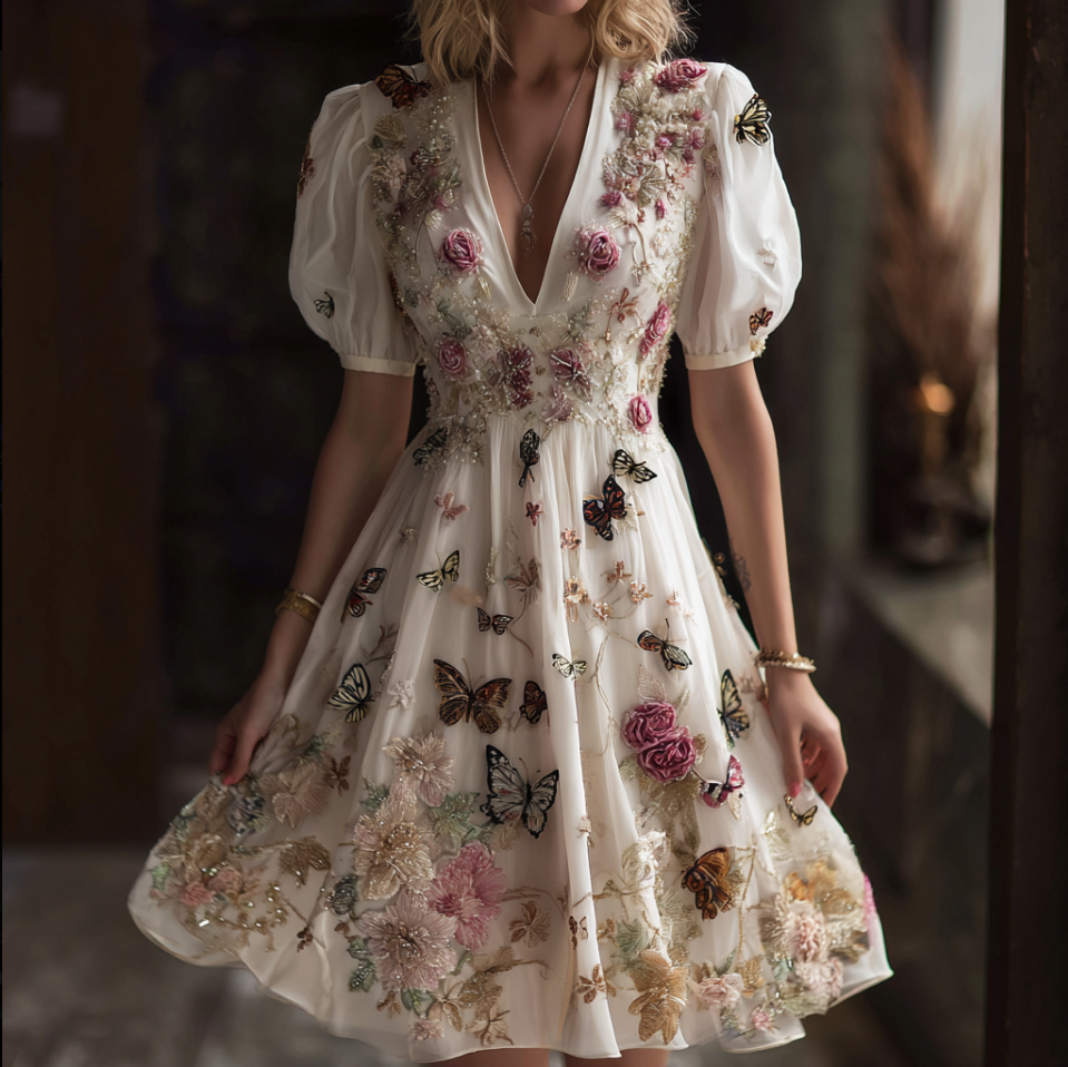 Bohemian Style Plant Flower And Butterfly Pattern Embroidery Women's Cotton And Linen Dress