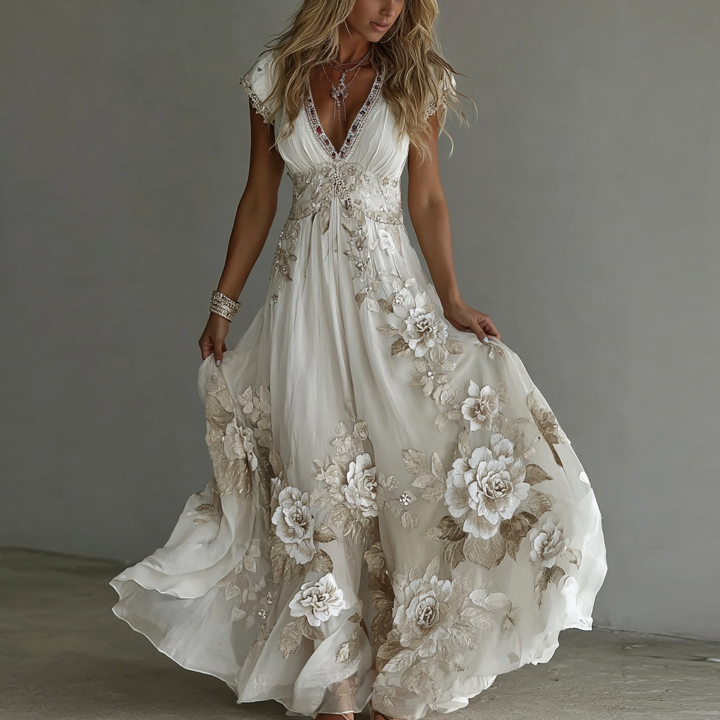 Women's Vintage Boho Floral Art  Short-sleeved Maxi Dress