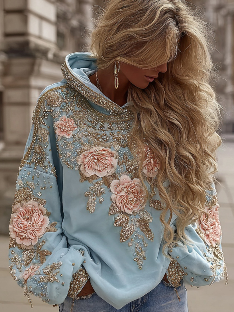 Women's Vintage Pink Flower Embroidery Art Hoodie