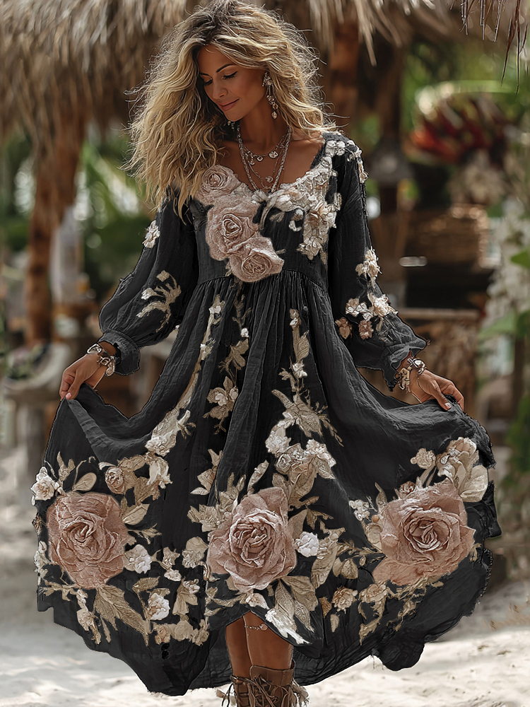 Women's Vintage Romantic White Rose Embroidery Art Comfy Linen Maxi Dress