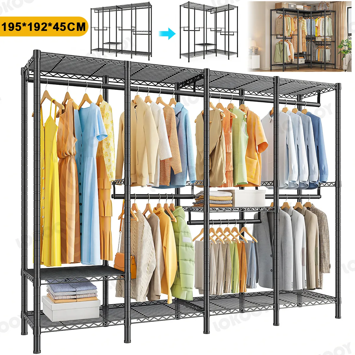 Perchero de Metal Ajustable Cap.520kg - Rack Organizador de Closet, Piso Para Ropa Rack,Estructura de Acero al Carb&oacute;n, DIY Soporte Pesado para Ropa, 195 x 192 x 45cm