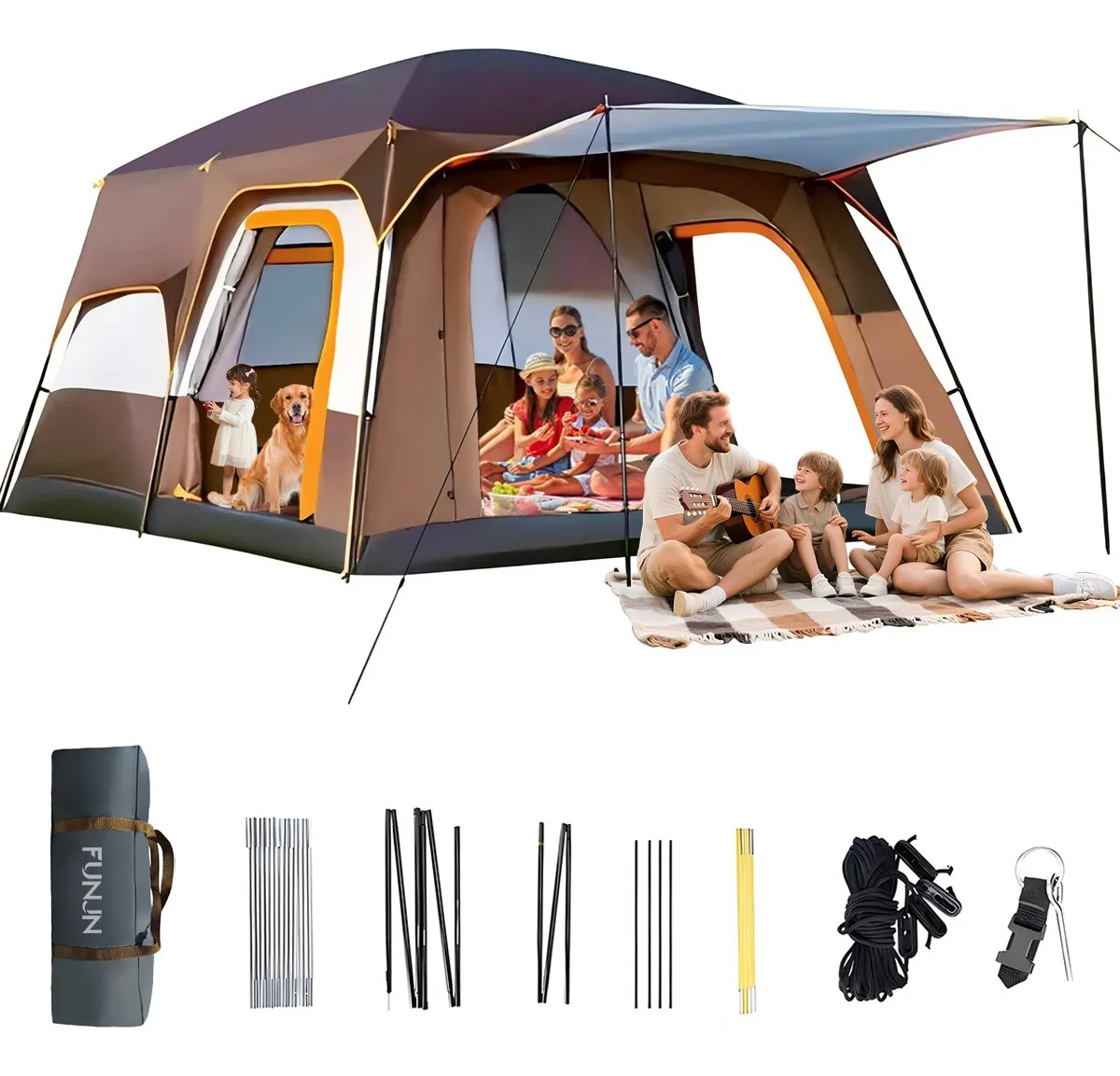 Casa De Campaña Grandes 7 A 10 Personas Tienda FUNJN Casa De Acampar Grande Impermeable Fácil Instalar Gran Espacio Color Marrón