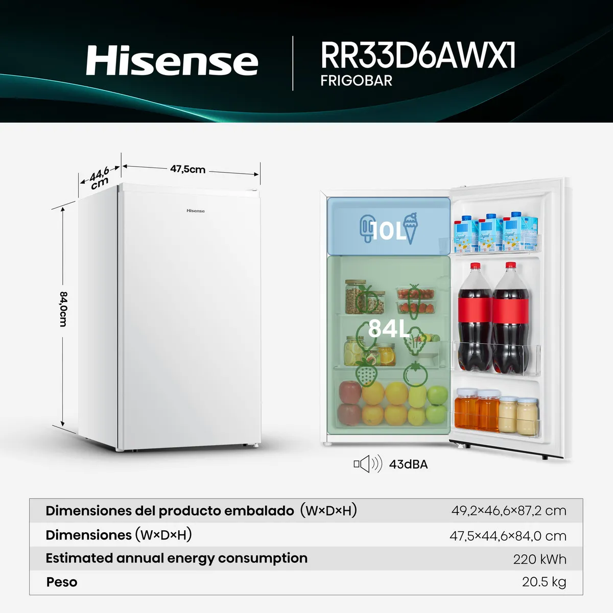 Hisense RR33D6AWX1- Frigobar,Zona de Enfriamiento,Estantes de Vidrio,Puerta reversible,Estantes Extra Grandes,48x45x84cm(AnchoxLargoxAlto),Blanco