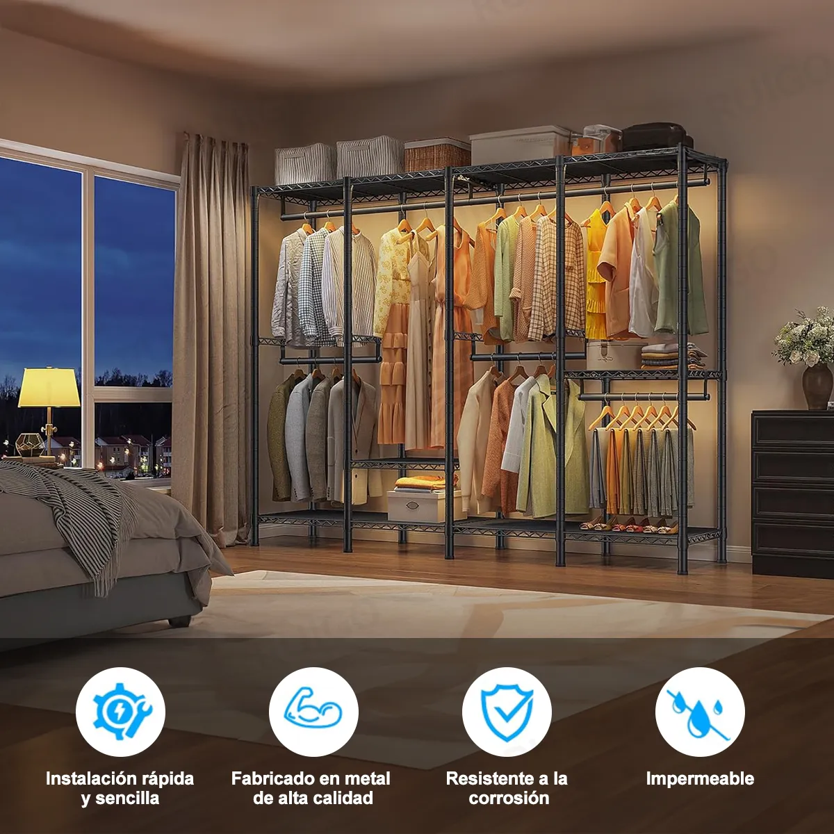 Perchero de Metal Ajustable Cap.520kg - Rack Organizador de Closet, Piso Para Ropa Rack,Estructura de Acero al Carb&oacute;n, DIY Soporte Pesado para Ropa, 195 x 192 x 45cm