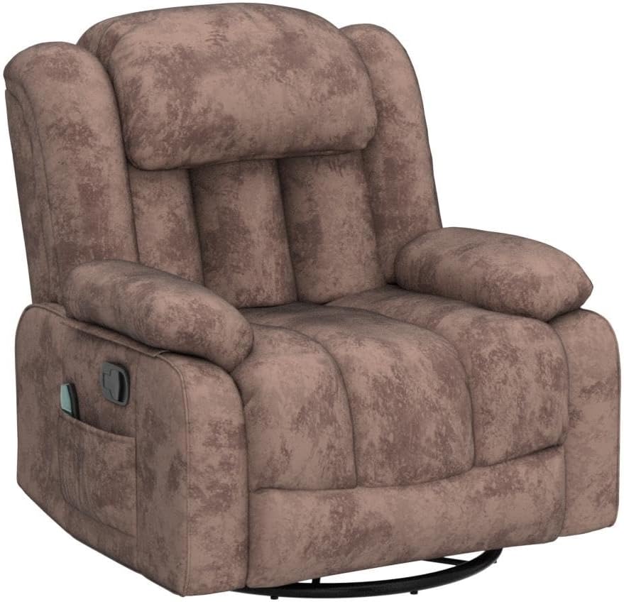 CANTHTMOV Massage Swivel Rocker Recliner Chair with Heat and Vibration, 360 Degree Swivel Manual Recliners Antiskid Fabric Single Sofa Heavy Duty Reclining Chair for Living Room, Light Brown