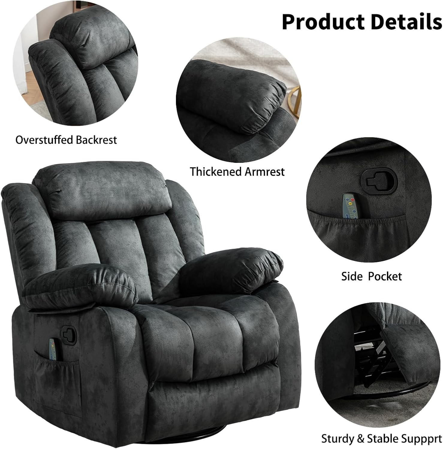 CANTHTMOV Massage Swivel Rocker Recliner Chair with Heat and Vibration, 360 Degree Swivel Manual Recliners Antiskid Fabric Single Sofa Heavy Duty Reclining Chair for Living Room, Light Brown