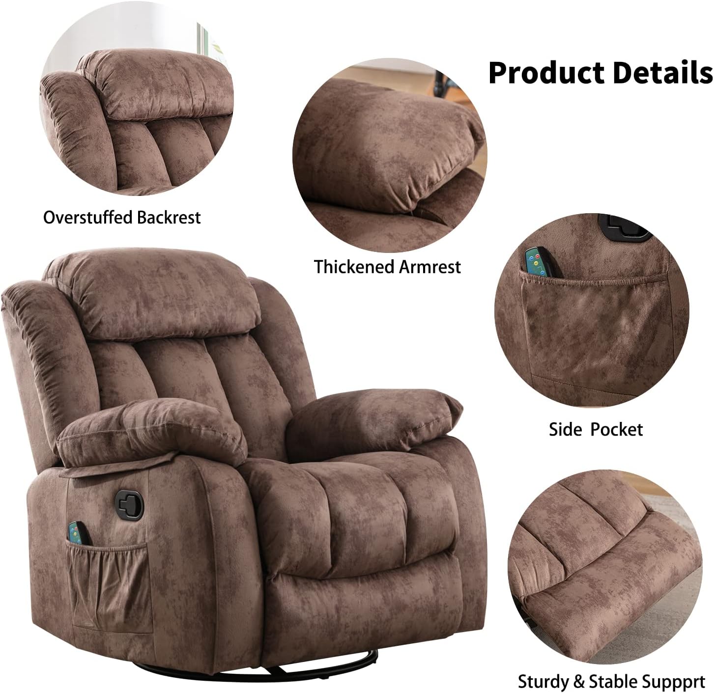 CANTHTMOV Massage Swivel Rocker Recliner Chair with Heat and Vibration, 360 Degree Swivel Manual Recliners Antiskid Fabric Single Sofa Heavy Duty Reclining Chair for Living Room, Light Brown