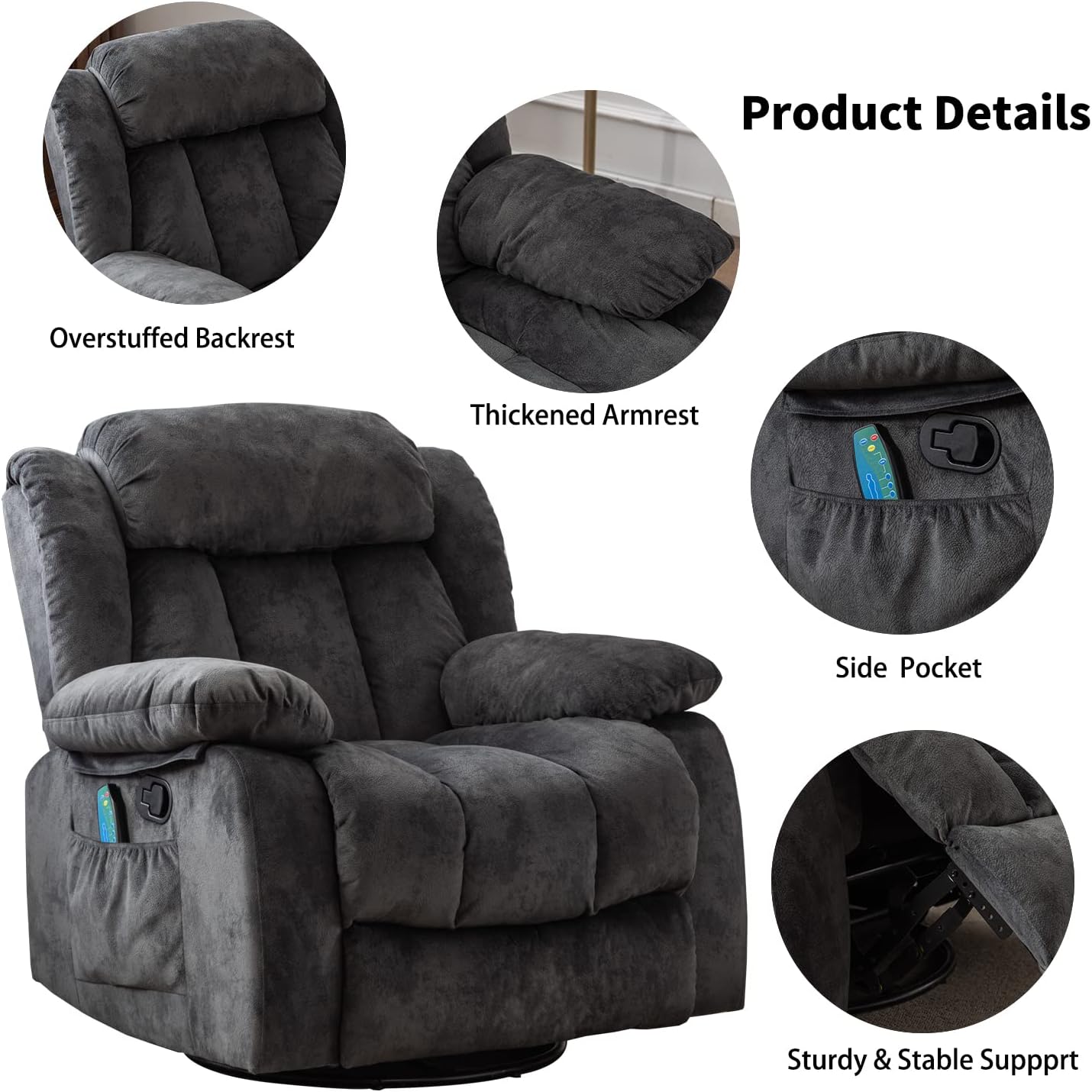 CANTHTMOV Massage Swivel Rocker Recliner Chair with Heat and Vibration, 360 Degree Swivel Manual Recliners Antiskid Fabric Single Sofa Heavy Duty Reclining Chair for Living Room, Light Brown