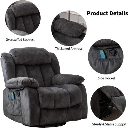CANTHTMOV Massage Swivel Rocker Recliner Chair with Heat and Vibration, 360 Degree Swivel Manual Recliners Antiskid Fabric Single Sofa Heavy Duty Reclining Chair for Living Room, Light Brown