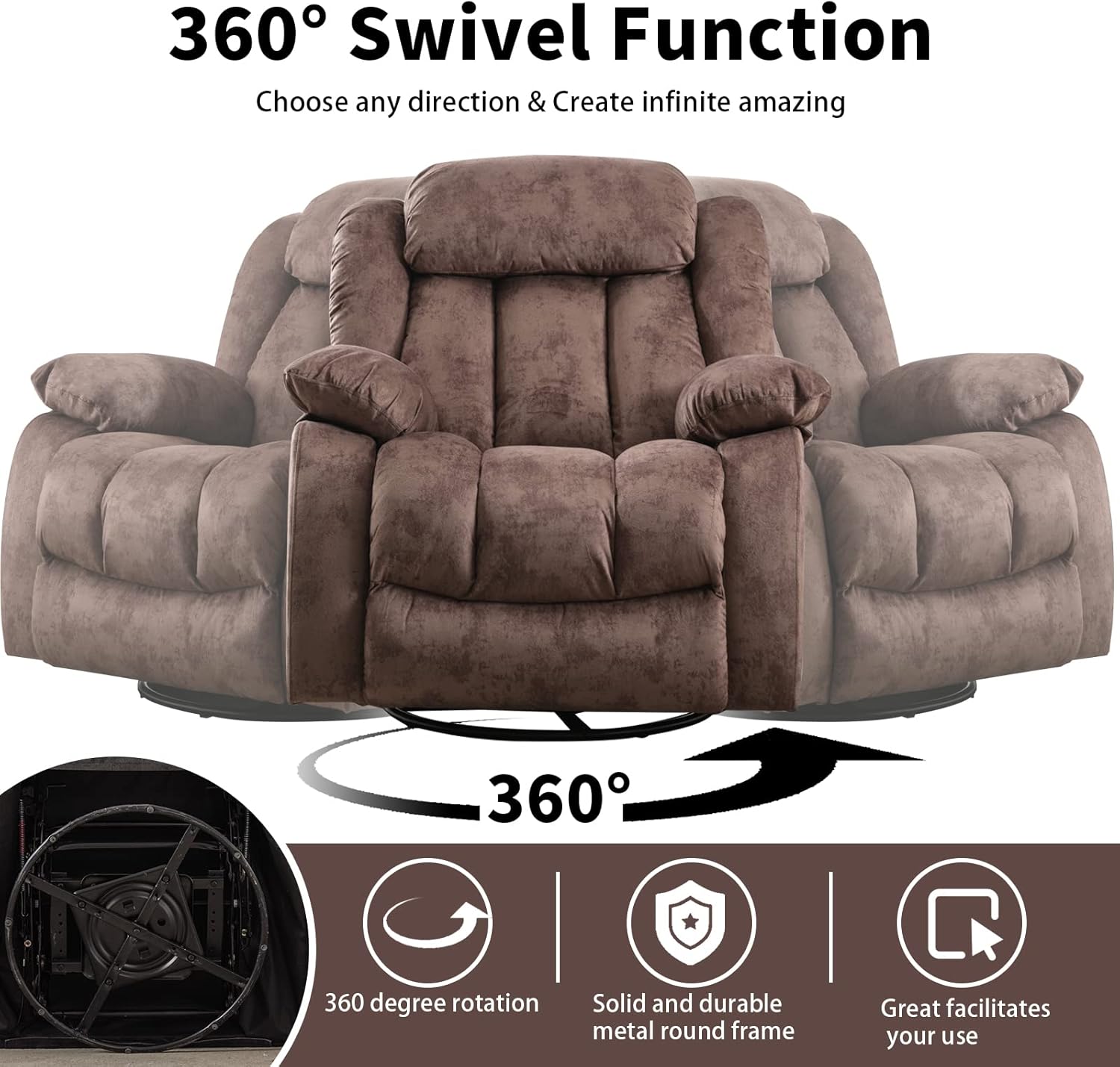 CANTHTMOV Massage Swivel Rocker Recliner Chair with Heat and Vibration, 360 Degree Swivel Manual Recliners Antiskid Fabric Single Sofa Heavy Duty Reclining Chair for Living Room, Light Brown