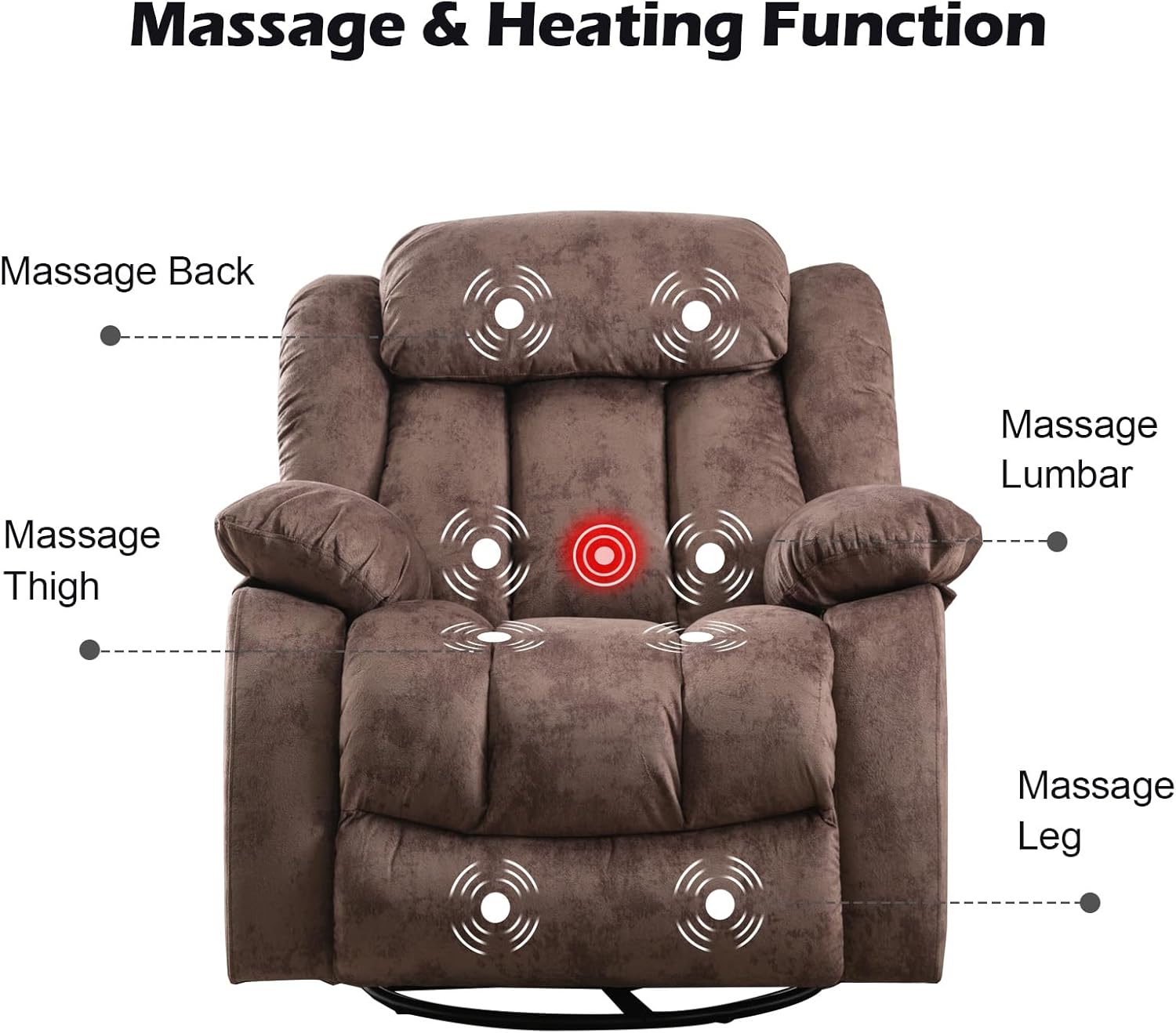 CANTHTMOV Massage Swivel Rocker Recliner Chair with Heat and Vibration, 360 Degree Swivel Manual Recliners Antiskid Fabric Single Sofa Heavy Duty Reclining Chair for Living Room, Light Brown