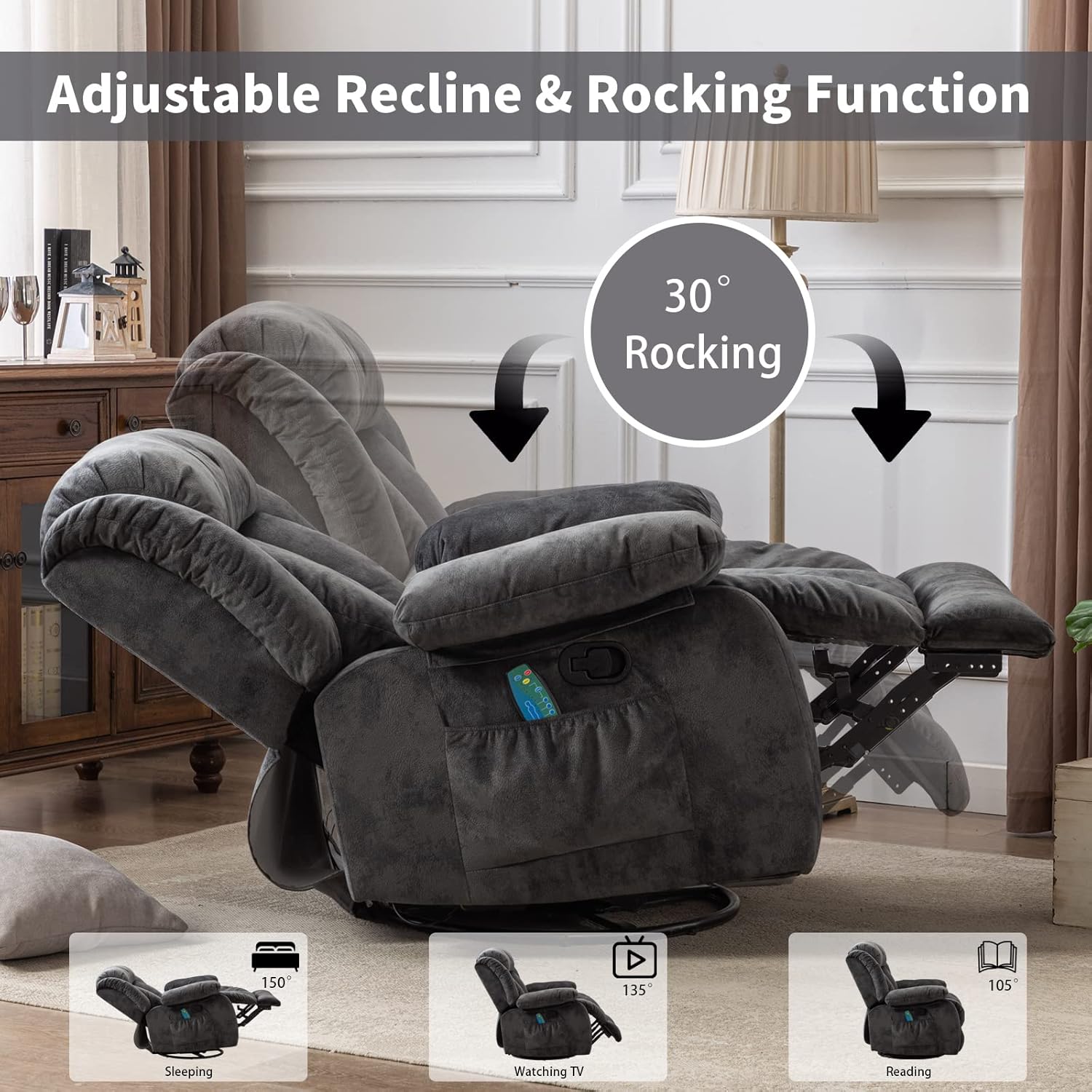 CANTHTMOV Massage Swivel Rocker Recliner Chair with Heat and Vibration, 360 Degree Swivel Manual Recliners Antiskid Fabric Single Sofa Heavy Duty Reclining Chair for Living Room, Light Brown