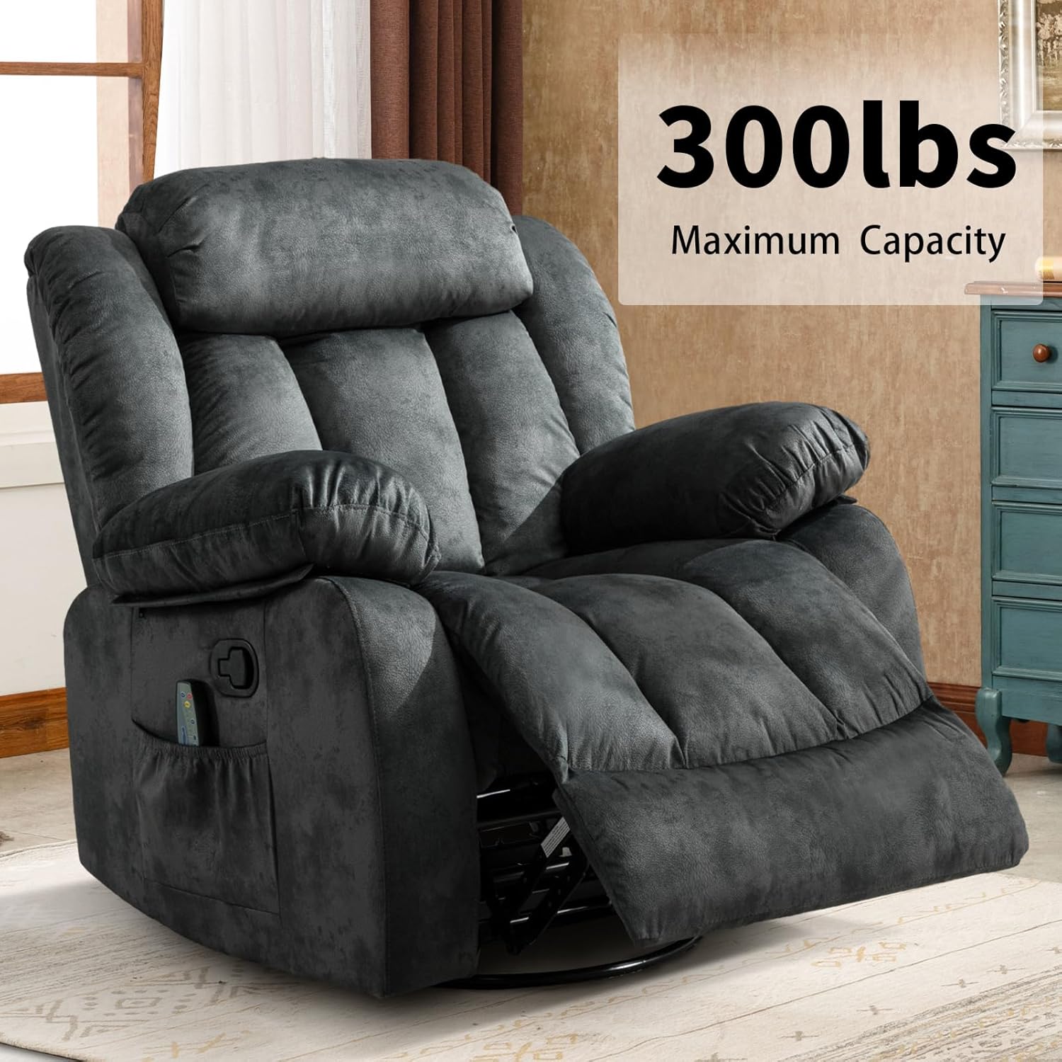 CANTHTMOV Massage Swivel Rocker Recliner Chair with Heat and Vibration, 360 Degree Swivel Manual Recliners Antiskid Fabric Single Sofa Heavy Duty Reclining Chair for Living Room, Light Brown