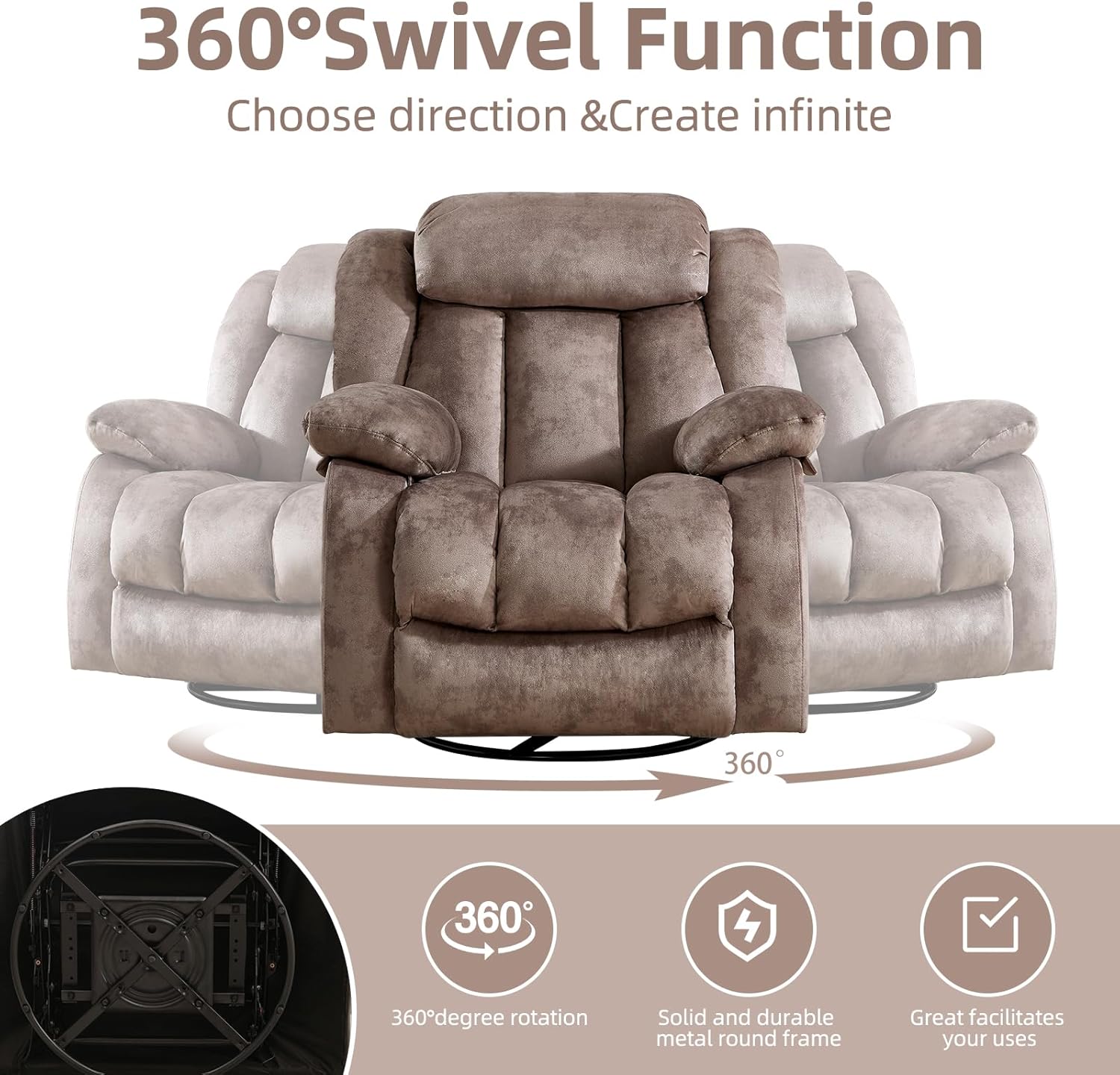 CANTHTMOV Massage Swivel Rocker Recliner Chair with Heat and Vibration, 360 Degree Swivel Manual Recliners Antiskid Fabric Single Sofa Heavy Duty Reclining Chair for Living Room, Light Brown