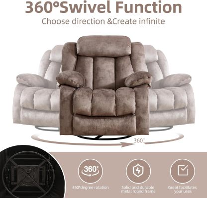 CANTHTMOV Massage Swivel Rocker Recliner Chair with Heat and Vibration, 360 Degree Swivel Manual Recliners Antiskid Fabric Single Sofa Heavy Duty Reclining Chair for Living Room, Light Brown