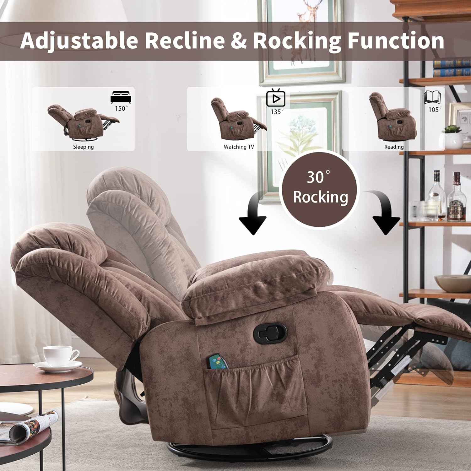 CANTHTMOV Massage Swivel Rocker Recliner Chair with Heat and Vibration, 360 Degree Swivel Manual Recliners Antiskid Fabric Single Sofa Heavy Duty Reclining Chair for Living Room, Light Brown