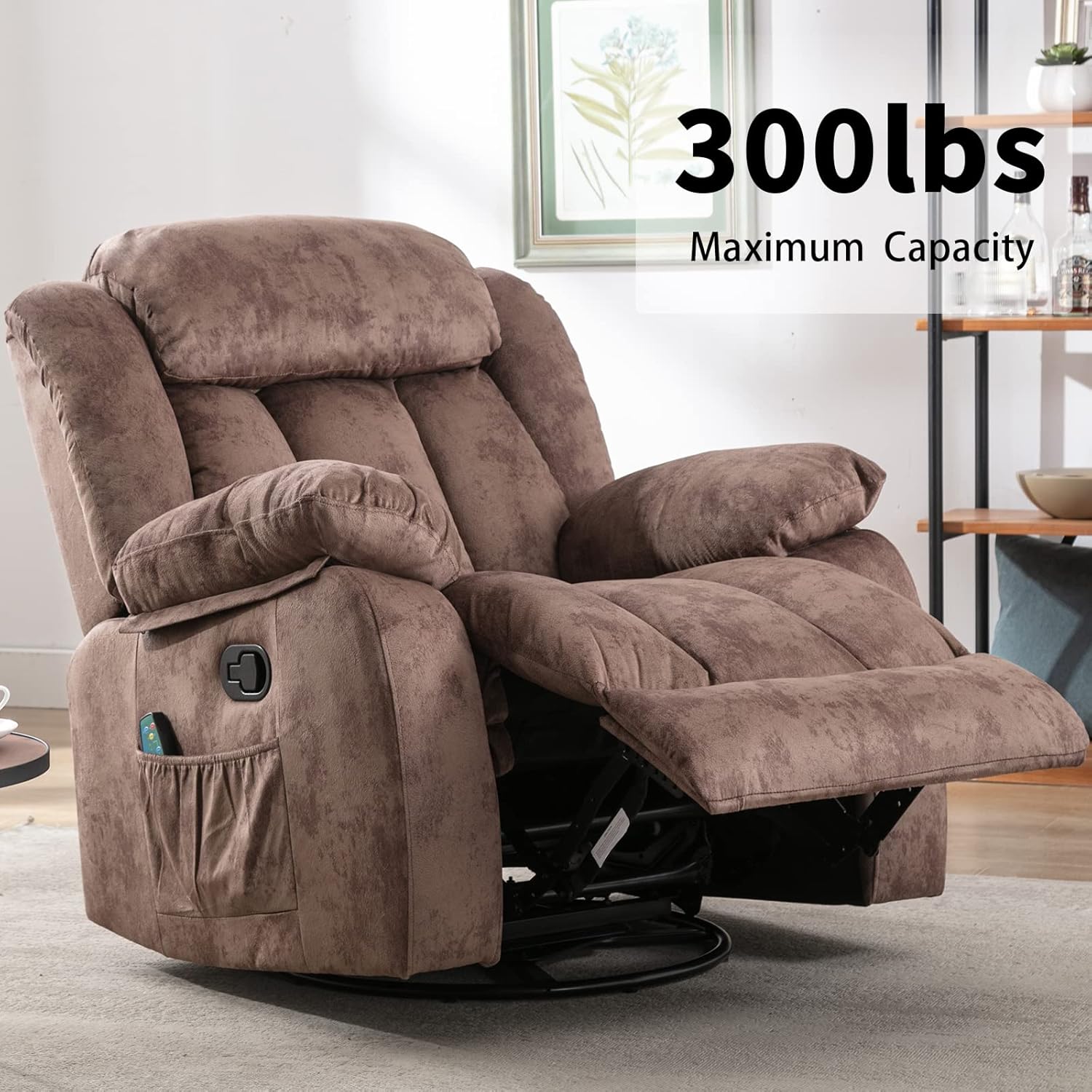 CANTHTMOV Massage Swivel Rocker Recliner Chair with Heat and Vibration, 360 Degree Swivel Manual Recliners Antiskid Fabric Single Sofa Heavy Duty Reclining Chair for Living Room, Light Brown