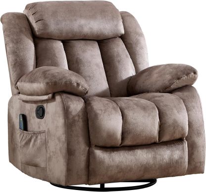 CANTHTMOV Massage Swivel Rocker Recliner Chair with Heat and Vibration, 360 Degree Swivel Manual Recliners Antiskid Fabric Single Sofa Heavy Duty Reclining Chair for Living Room, Light Brown