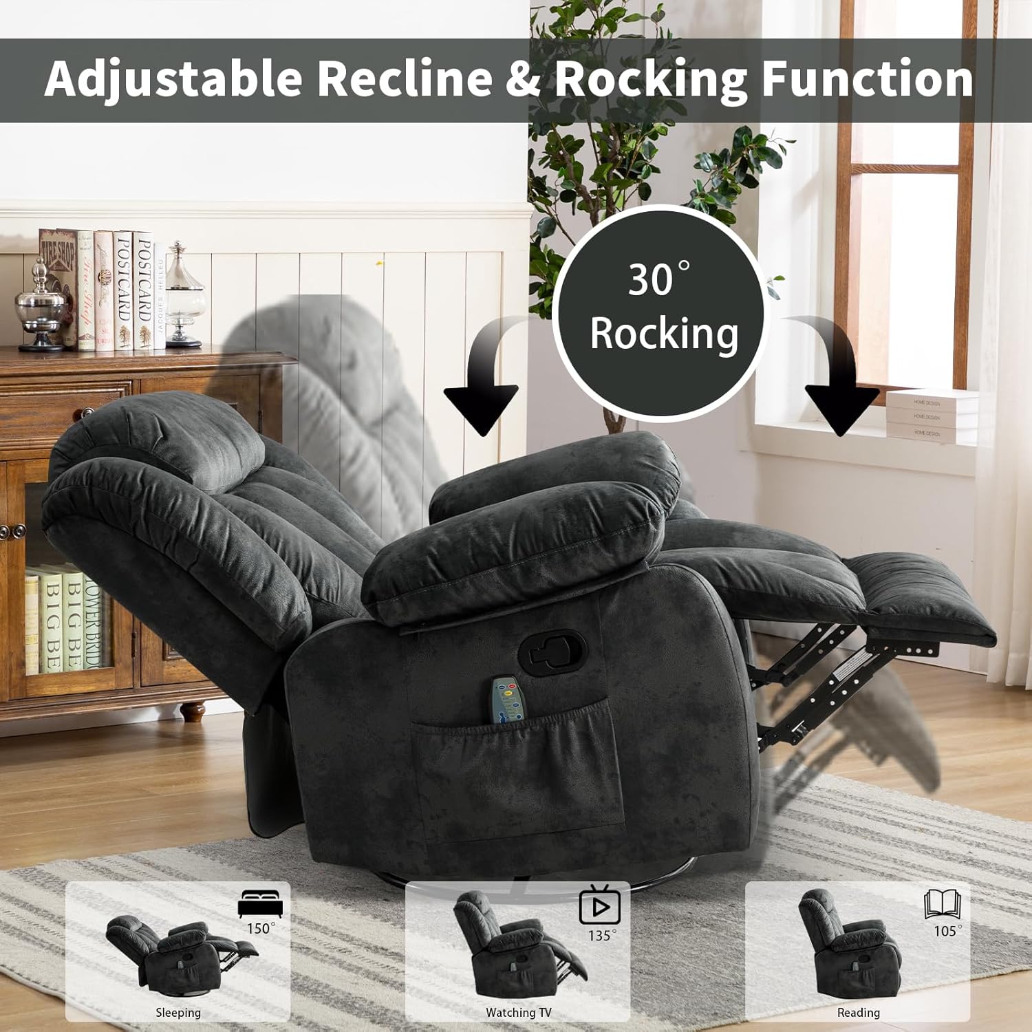 CANTHTMOV Massage Swivel Rocker Recliner Chair with Heat and Vibration, 360 Degree Swivel Manual Recliners Antiskid Fabric Single Sofa Heavy Duty Reclining Chair for Living Room, Light Brown