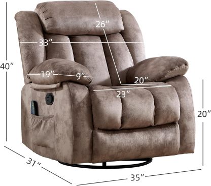 CANTHTMOV Massage Swivel Rocker Recliner Chair with Heat and Vibration, 360 Degree Swivel Manual Recliners Antiskid Fabric Single Sofa Heavy Duty Reclining Chair for Living Room, Light Brown