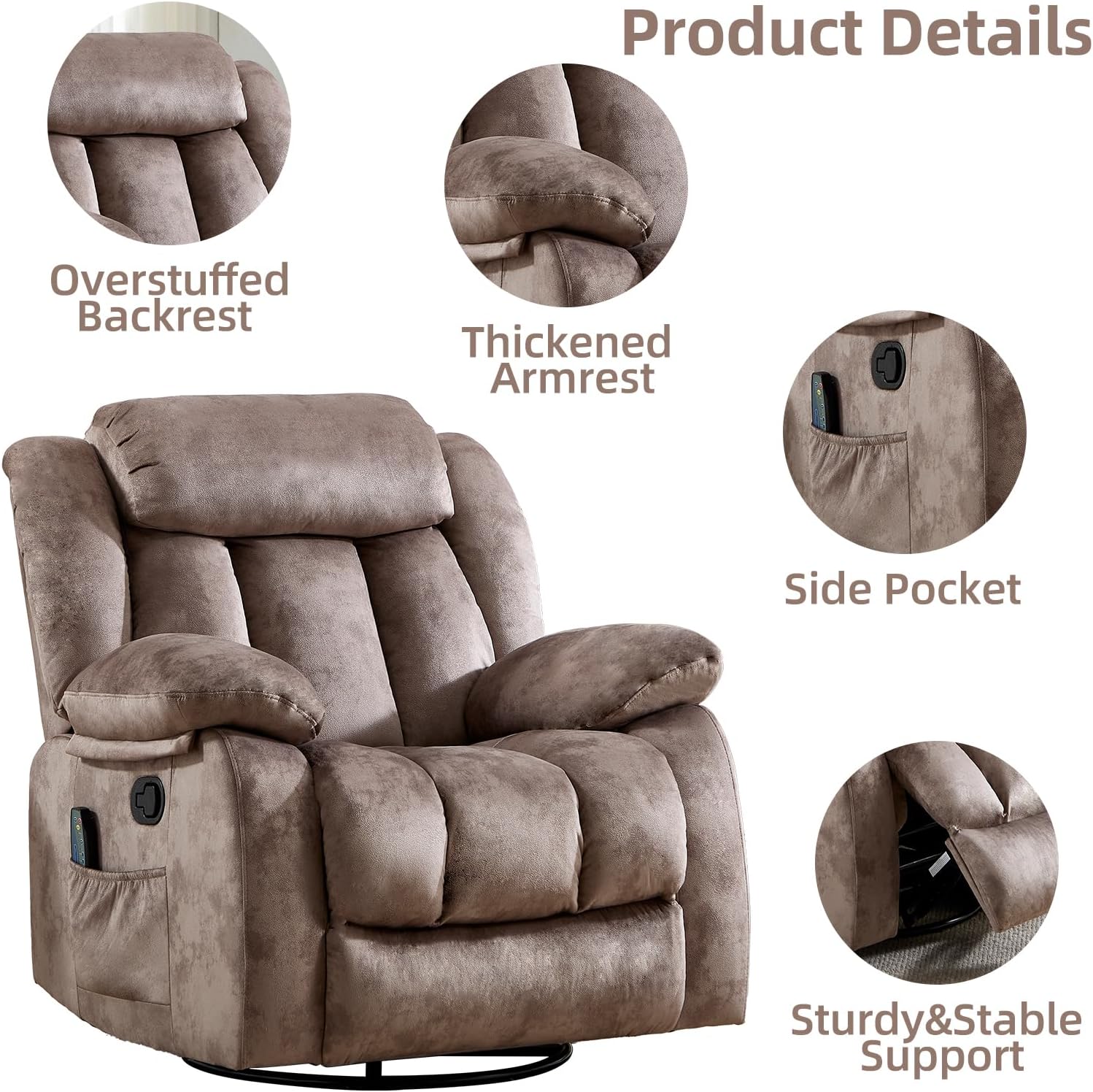 CANTHTMOV Massage Swivel Rocker Recliner Chair with Heat and Vibration, 360 Degree Swivel Manual Recliners Antiskid Fabric Single Sofa Heavy Duty Reclining Chair for Living Room, Light Brown