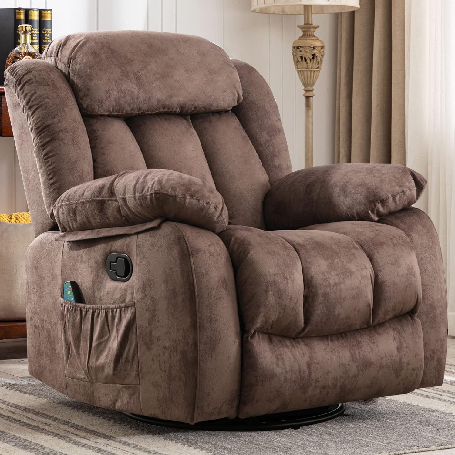 CANTHTMOV Massage Swivel Rocker Recliner Chair with Heat and Vibration, 360 Degree Swivel Manual Recliners Antiskid Fabric Single Sofa Heavy Duty Reclining Chair for Living Room, Light Brown