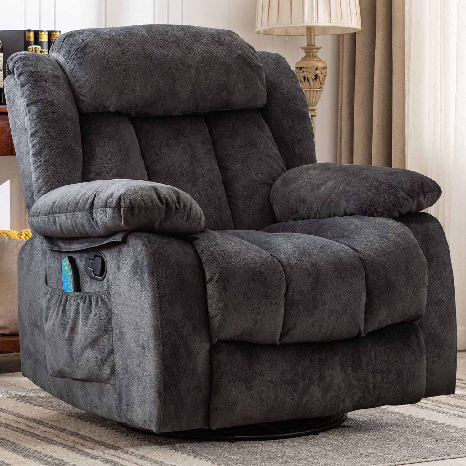 CANTHTMOV Massage Swivel Rocker Recliner Chair with Heat and Vibration, 360 Degree Swivel Manual Recliners Antiskid Fabric Single Sofa Heavy Duty Reclining Chair for Living Room, Light Brown