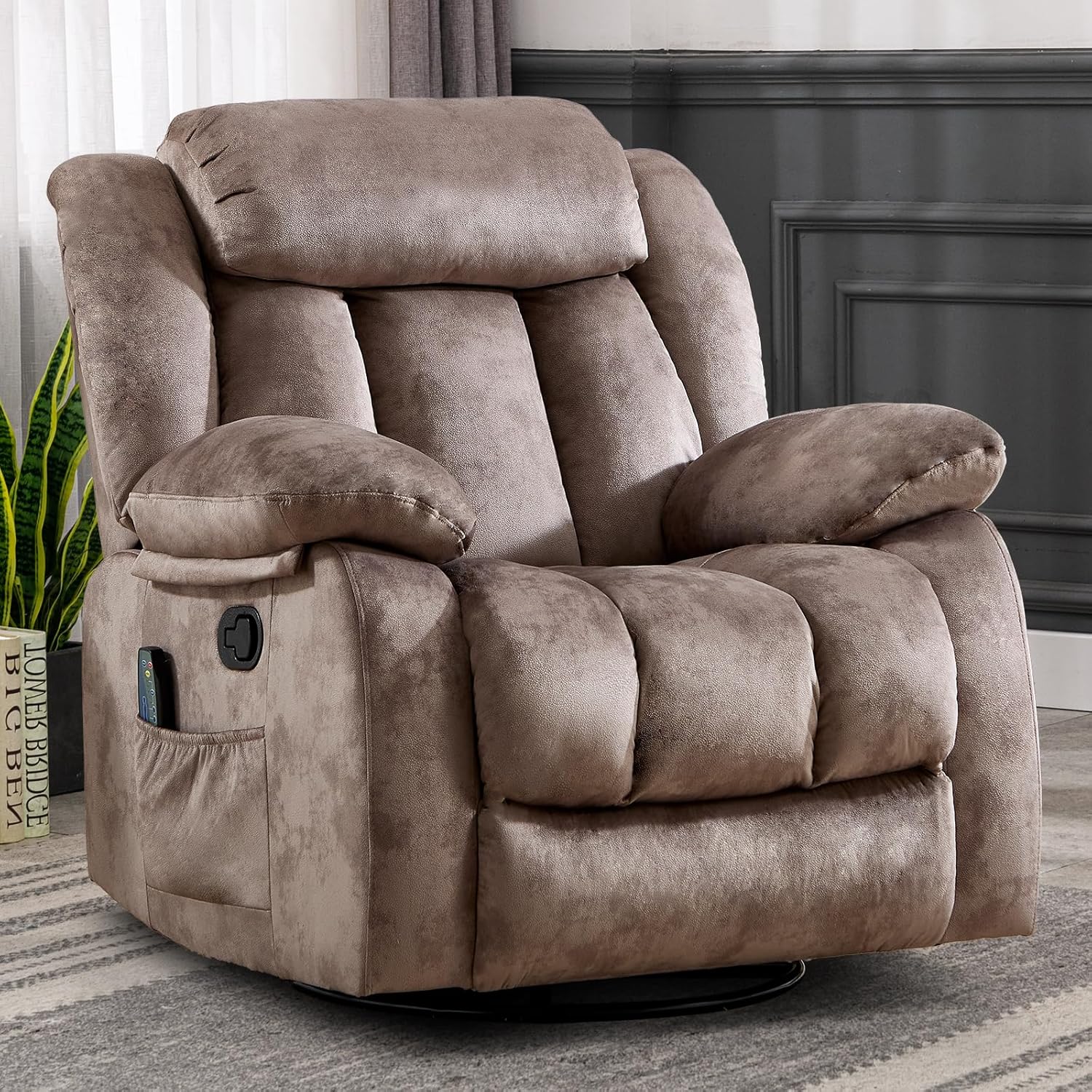CANTHTMOV Massage Swivel Rocker Recliner Chair with Heat and Vibration, 360 Degree Swivel Manual Recliners Antiskid Fabric Single Sofa Heavy Duty Reclining Chair for Living Room, Light Brown