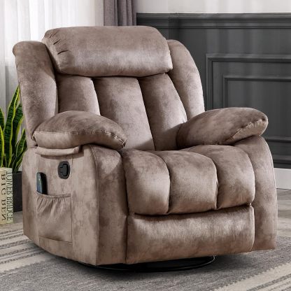 CANTHTMOV Massage Swivel Rocker Recliner Chair with Heat and Vibration, 360 Degree Swivel Manual Recliners Antiskid Fabric Single Sofa Heavy Duty Reclining Chair for Living Room, Light Brown