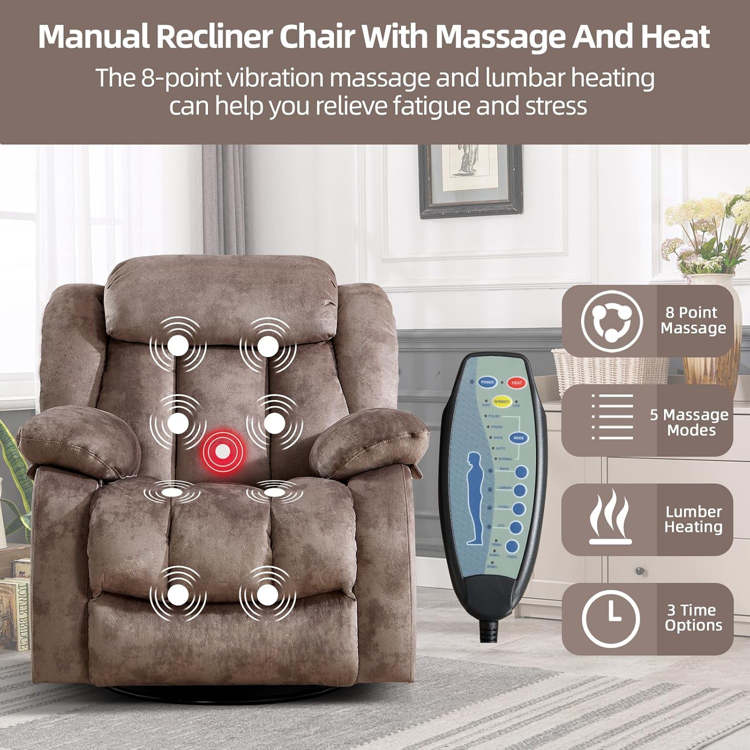 CANTHTMOV Massage Swivel Rocker Recliner Chair with Heat and Vibration, 360 Degree Swivel Manual Recliners Antiskid Fabric Single Sofa Heavy Duty Reclining Chair for Living Room, Light Brown