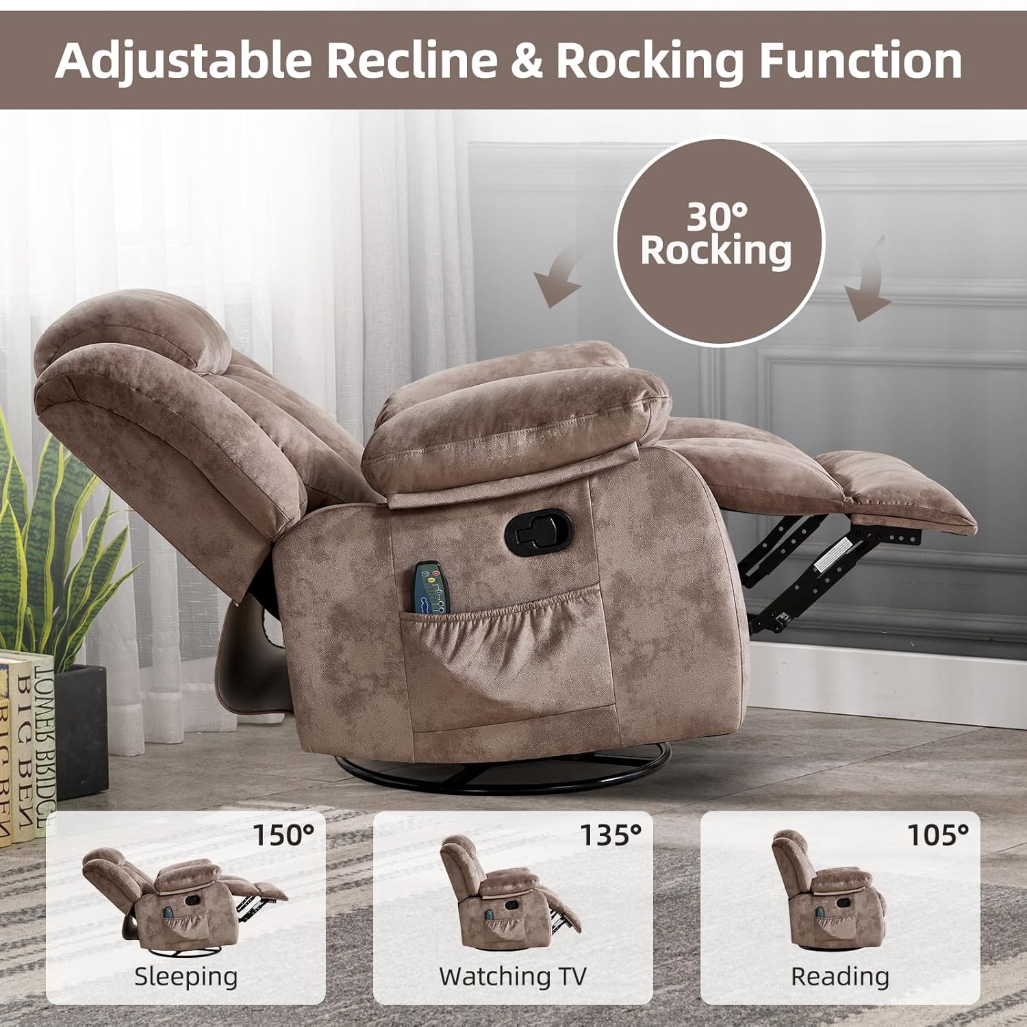 CANTHTMOV Massage Swivel Rocker Recliner Chair with Heat and Vibration, 360 Degree Swivel Manual Recliners Antiskid Fabric Single Sofa Heavy Duty Reclining Chair for Living Room, Light Brown