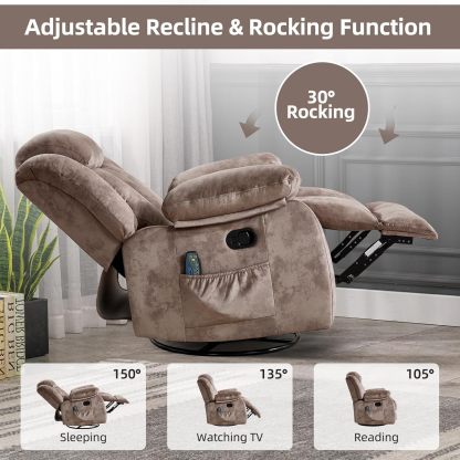 CANTHTMOV Massage Swivel Rocker Recliner Chair with Heat and Vibration, 360 Degree Swivel Manual Recliners Antiskid Fabric Single Sofa Heavy Duty Reclining Chair for Living Room, Light Brown