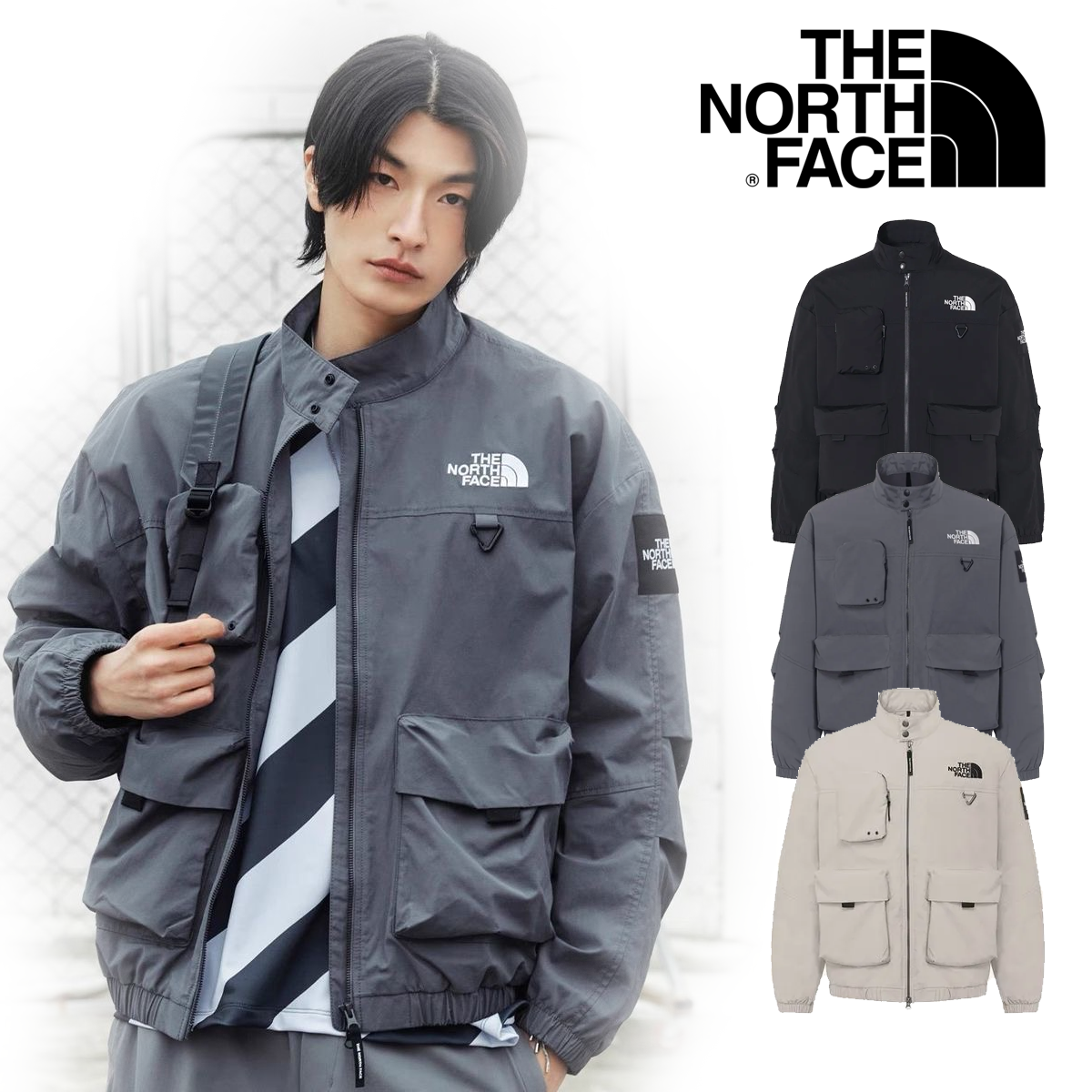 ザ・ノース・フェイスのニールトンジャケットは、ロゴ入りのハイカラーウィンドブレーカーで、カジュアルなストリートウェア風デザインが特徴です。ホワイト、ブラック、グレー、ベージュの4色展開。ユニセックス。