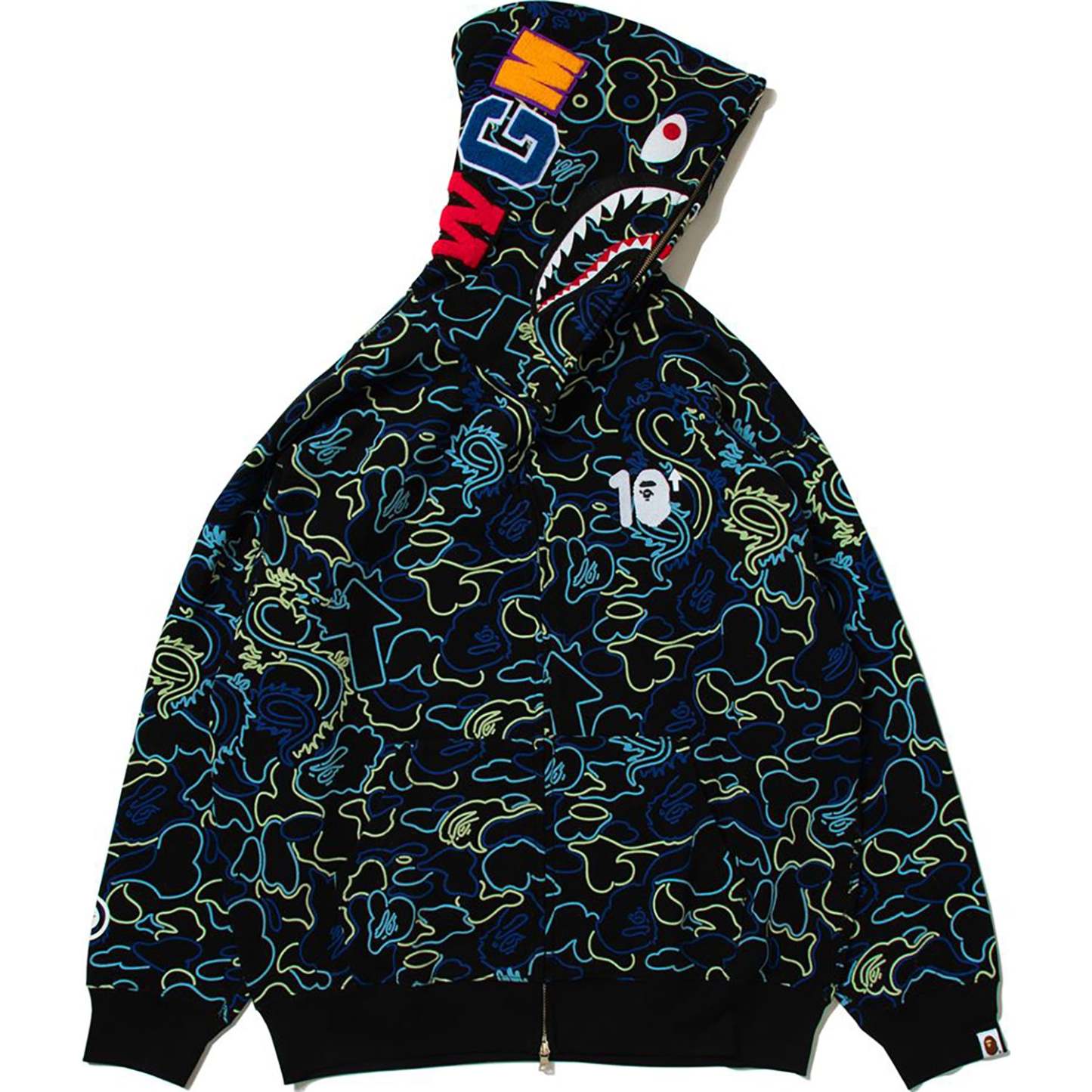 BAPE X 88RISING GLOW IN THE DARK CAMO SHARK FULL ZIP HOODIE