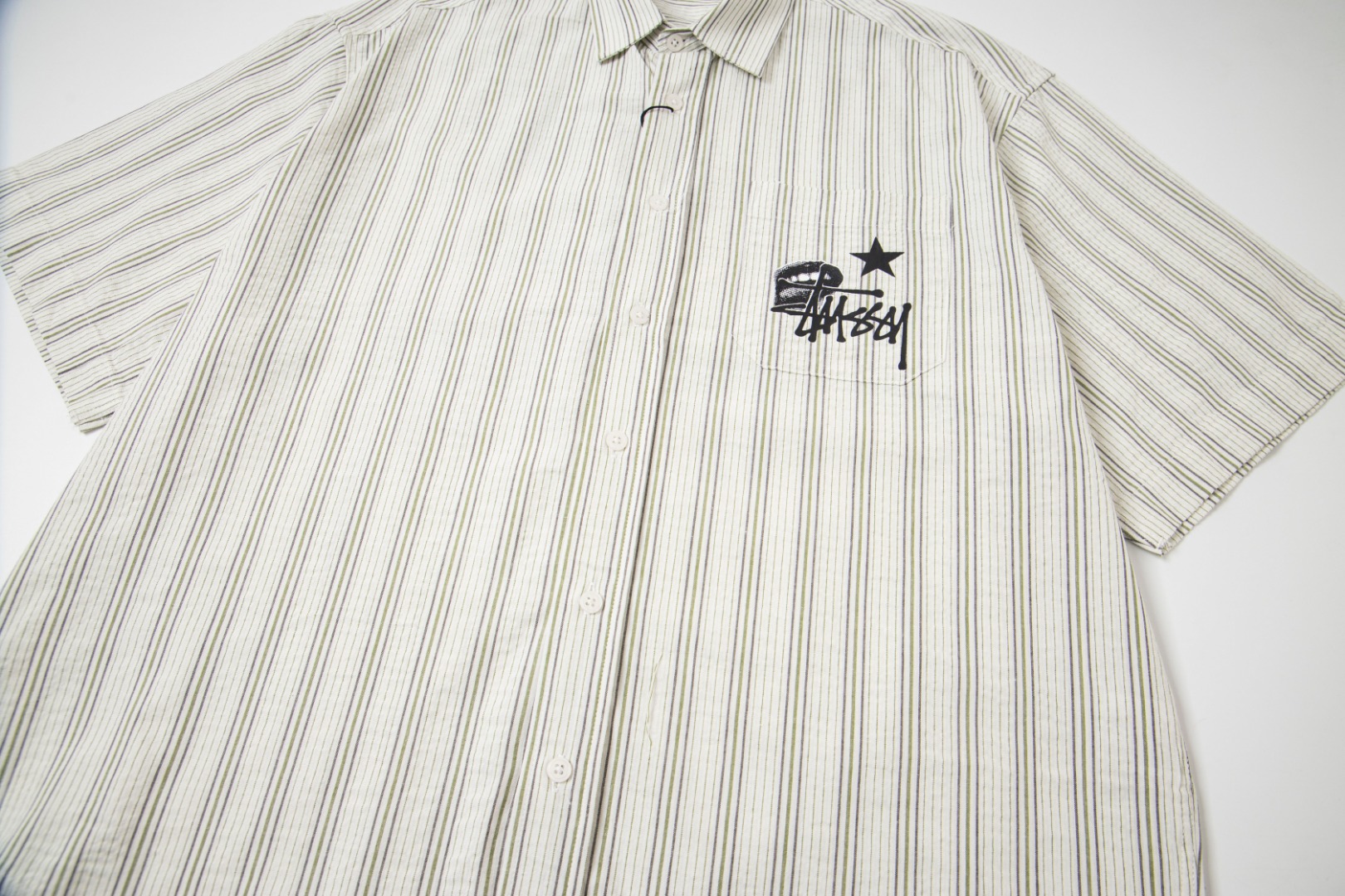 🔥款号6960# P75 （现货发售） stussy 斯图西经典印花翻领短袖衬衫 25夏季新款男女同款颜色：杏色数码：s m l xl