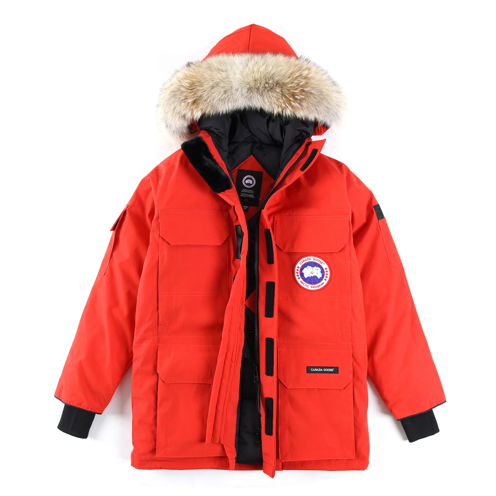 カナダグース エクスペディション パーカー 4660M、ユニセックス ダウンジャケット、ミドル丈コート（レッド）。