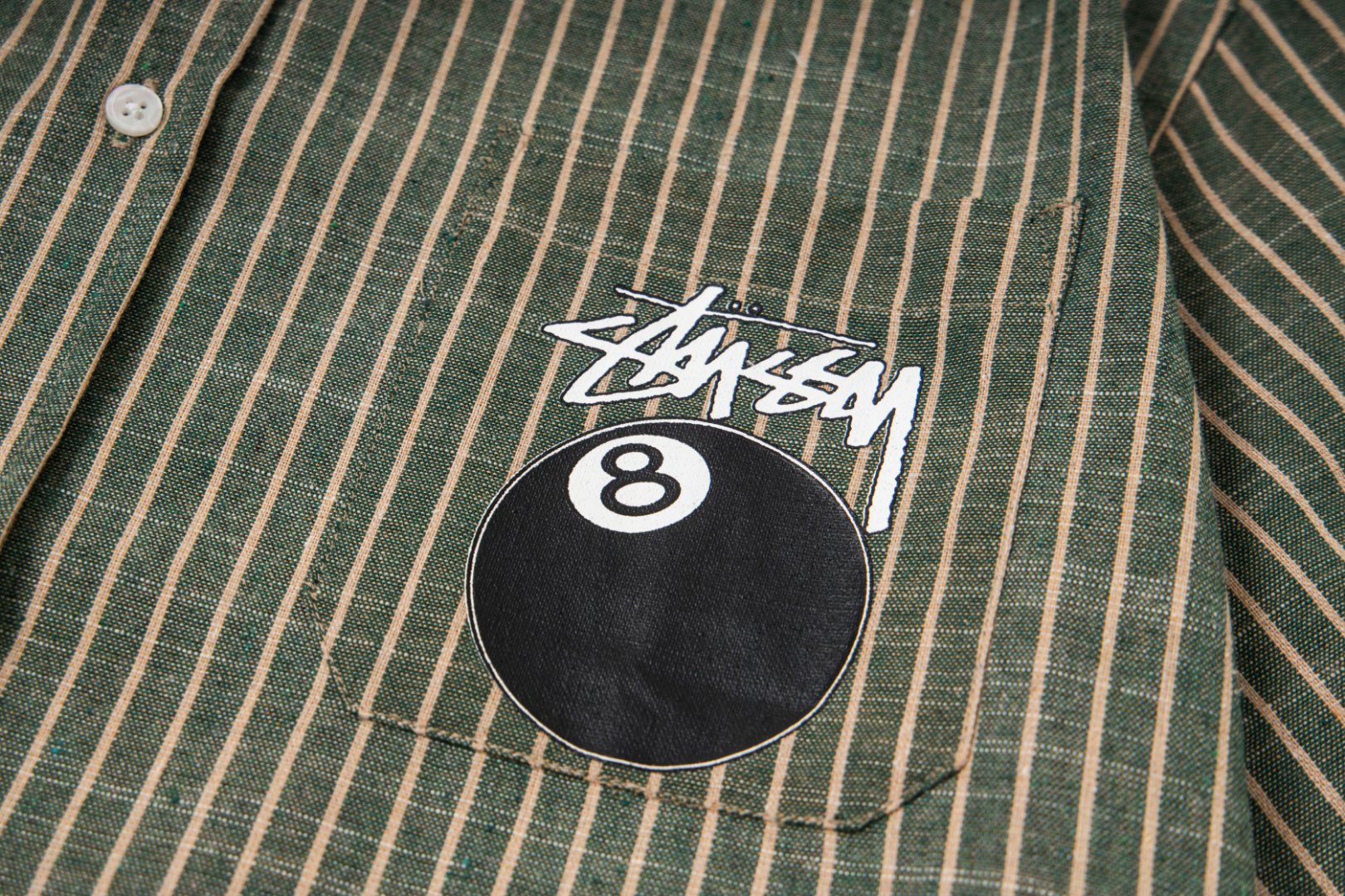 🔥款号6963# P75 （现货发售） stussy 斯图西经典黑八印花翻领竖条纹短袖衬衫 25夏季新款男女同款颜色：绿色码数：s m l xl