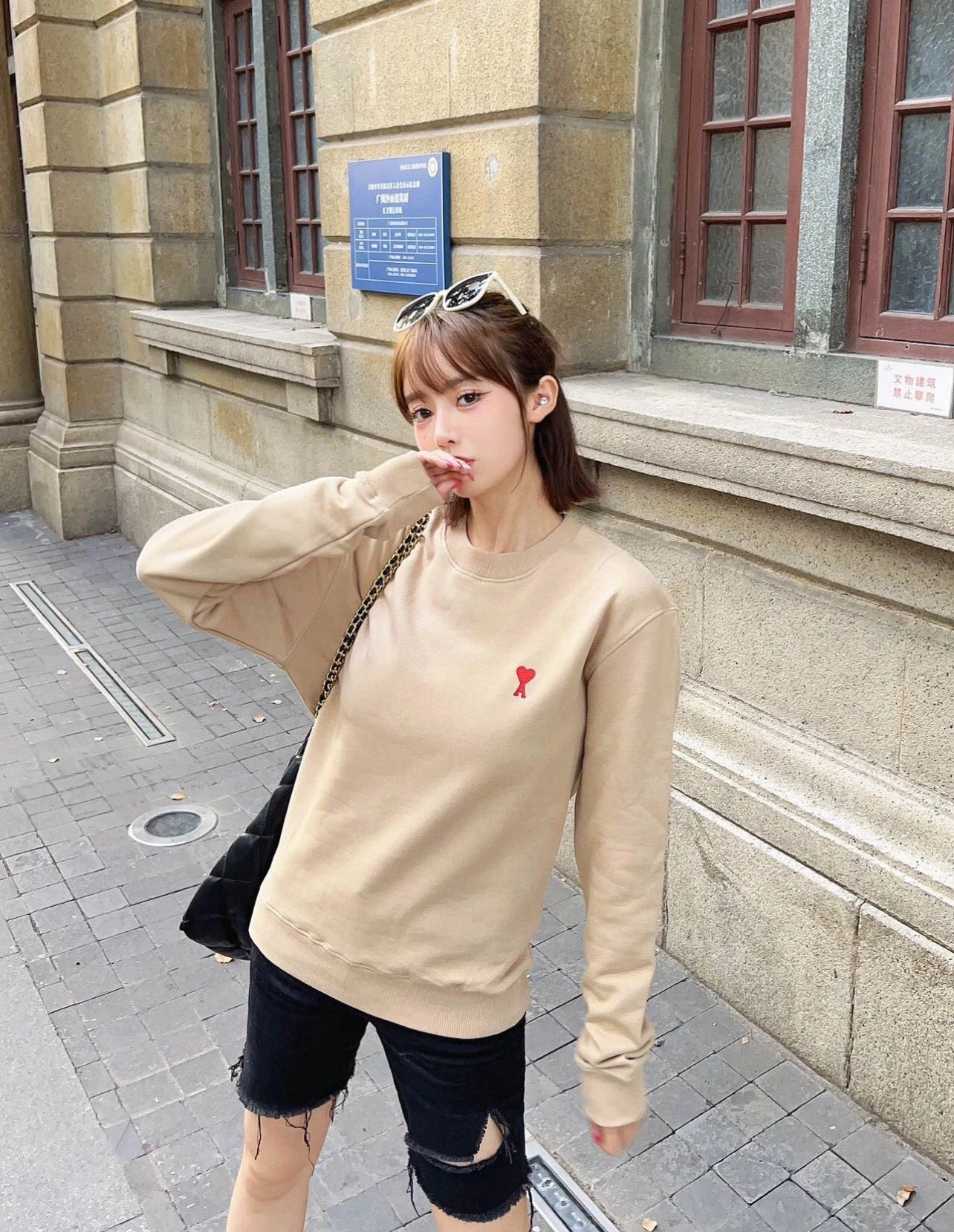 AMI PARIS ハート ロゴ コットン 刺繍 長袖 Tシャツ★人気★