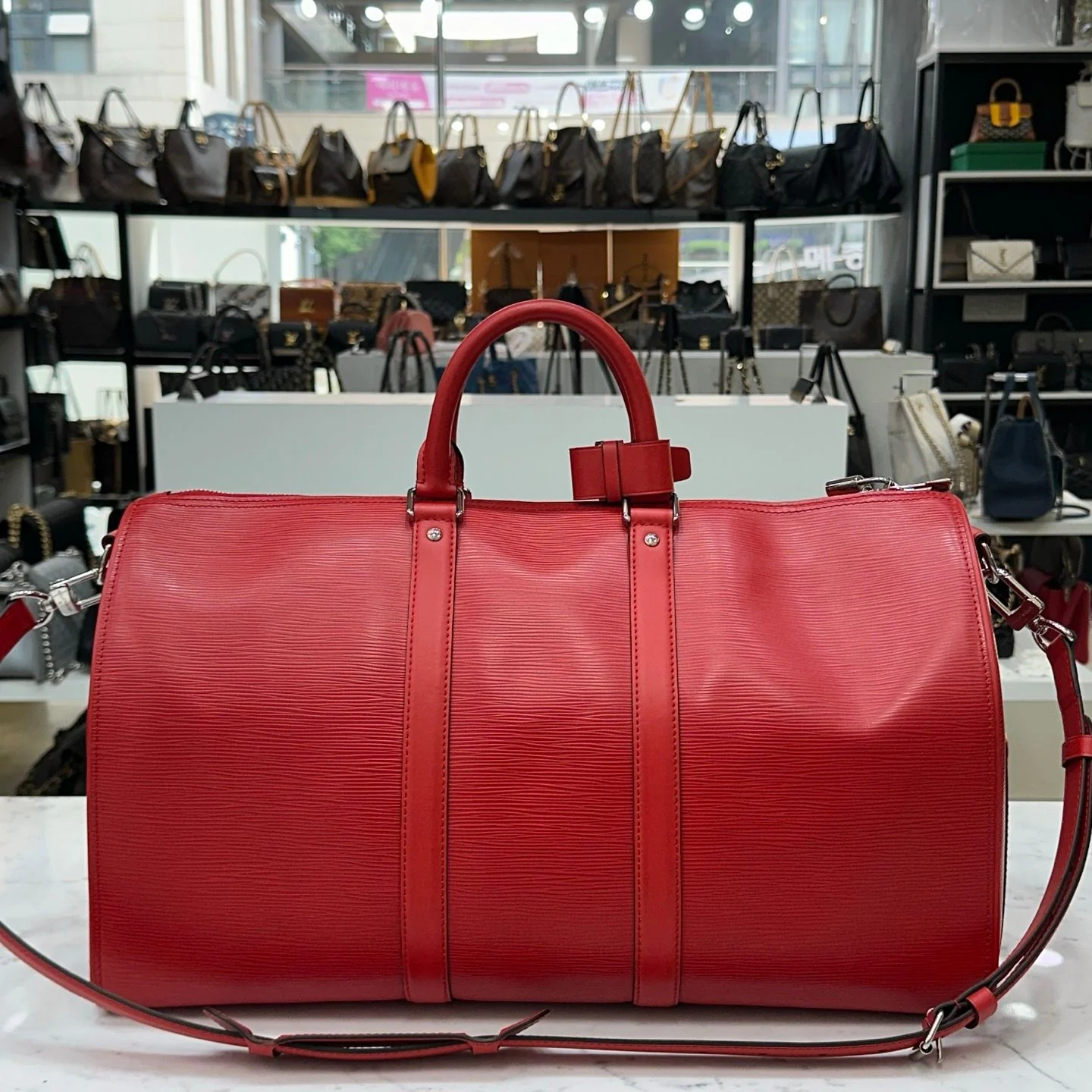 【期間限定割引価格】LV 旅行用バッグ LV シュプリーム キーポル 45 旅行用バッグ EPL ウォーター リップル 旅行用バッグ レッド