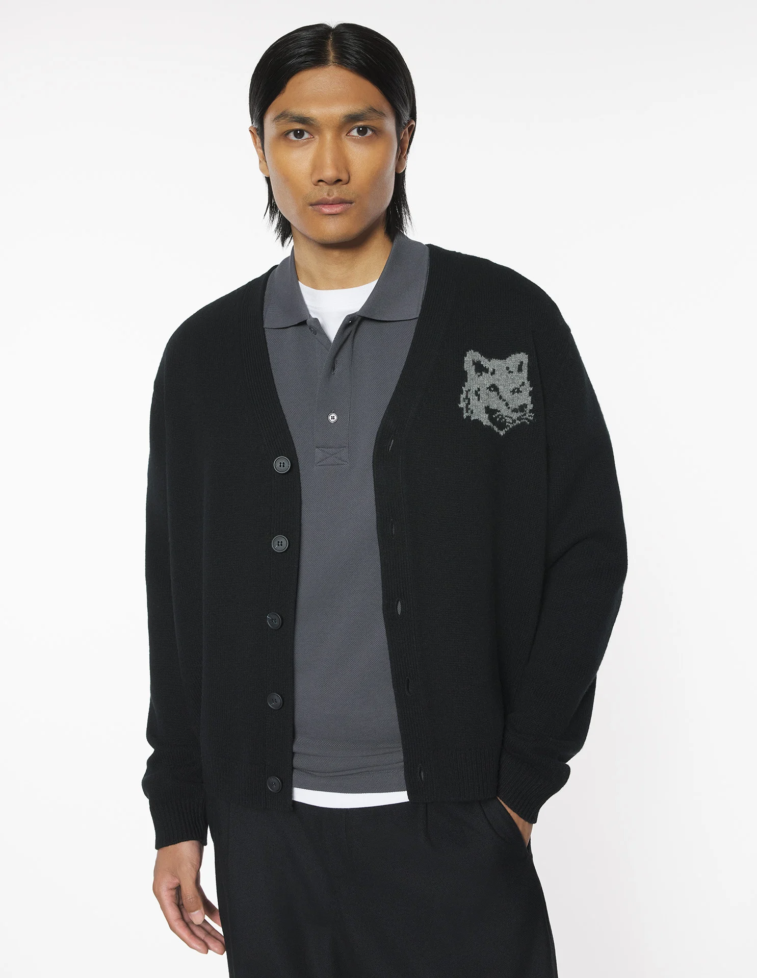 フォックスヘッド インターシャ メリノ カーディガン カーディガン black/medium grey melange