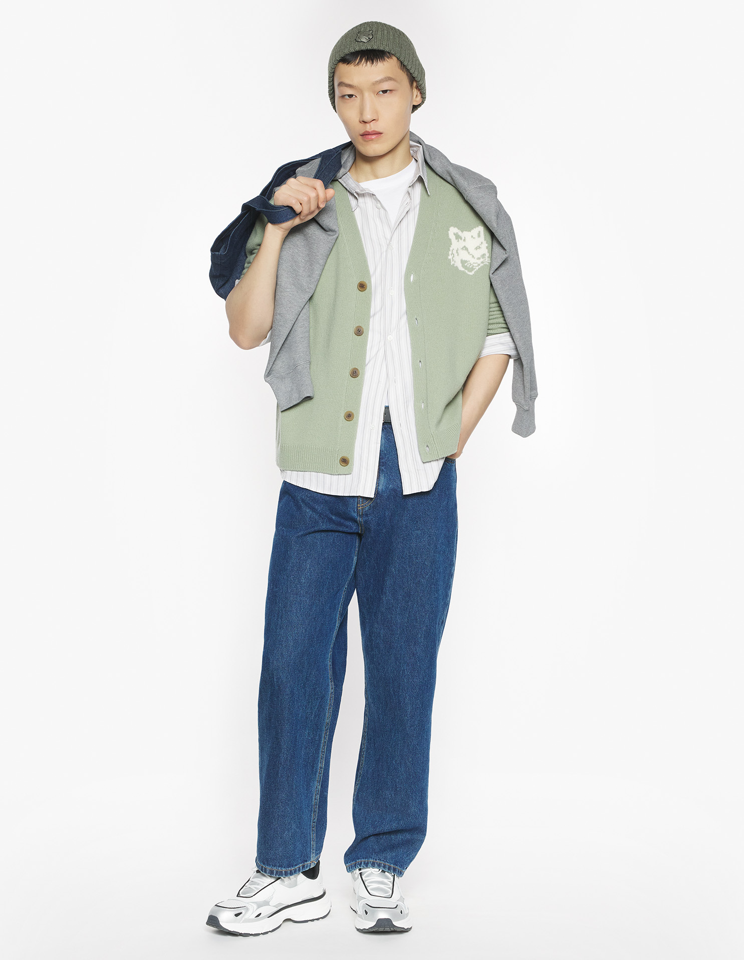 フォックスヘッド インターシャ メリノ カーディガン カーディガン sage green/ecru