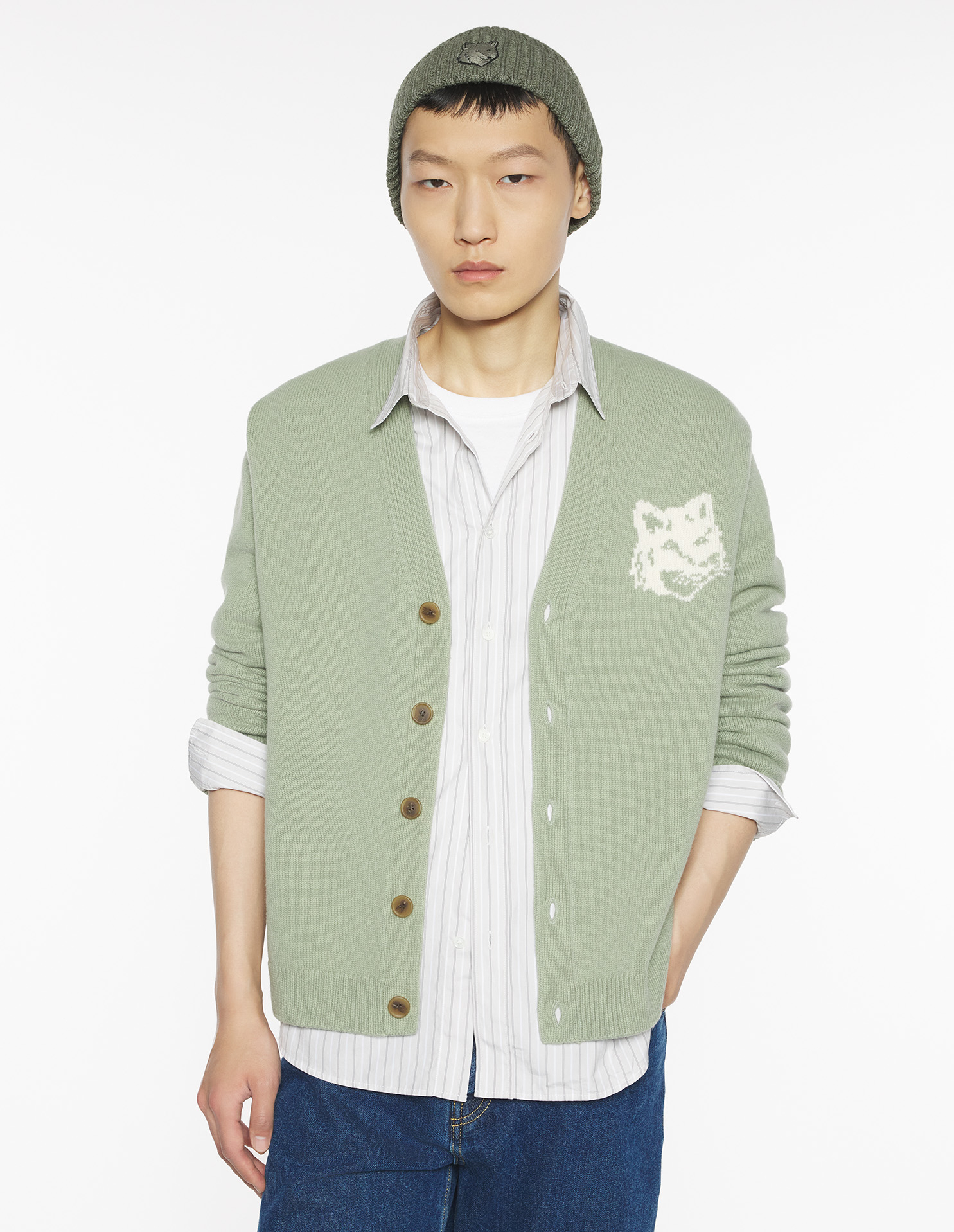 フォックスヘッド インターシャ メリノ カーディガン カーディガン sage green/ecru