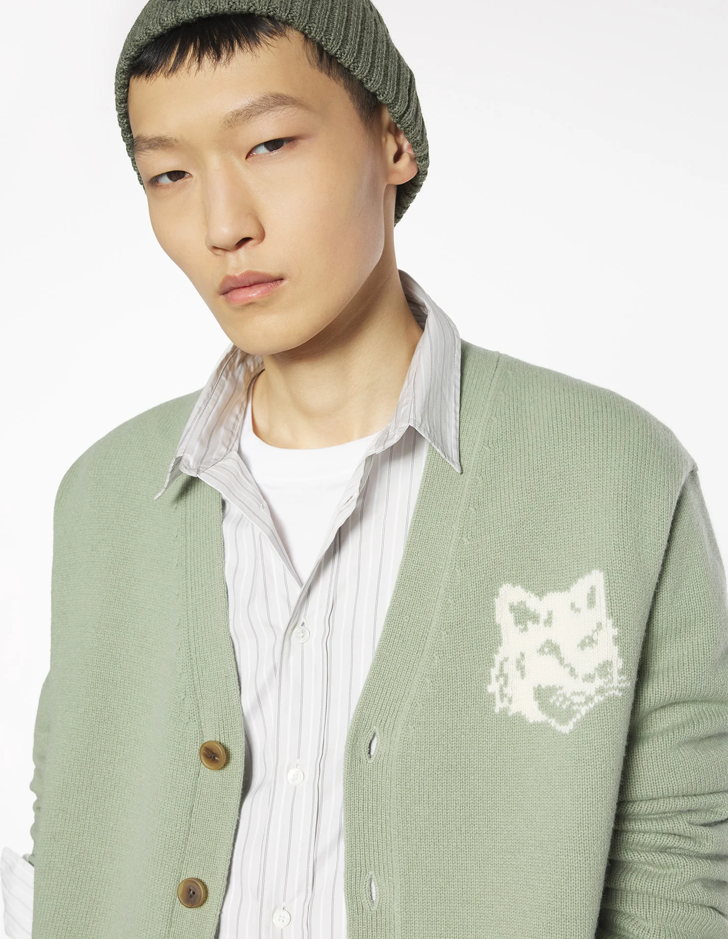 フォックスヘッド インターシャ メリノ カーディガン カーディガン sage green/ecru