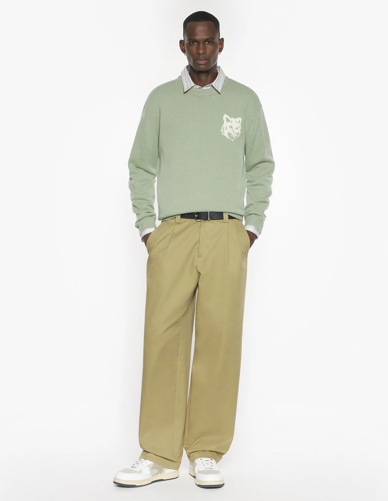 フォックスヘッド インターシャ メリノ ジャンパー プルオーバー sage green/ecru