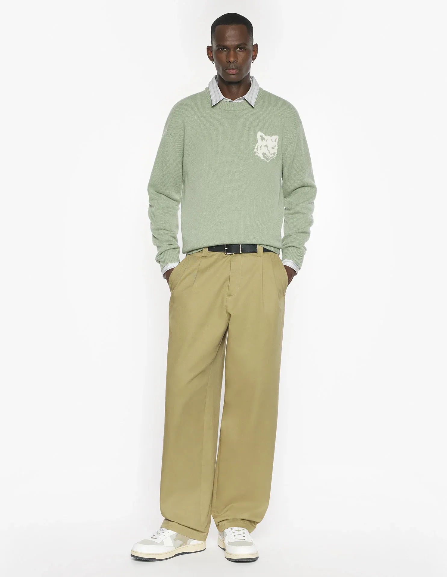 フォックスヘッド インターシャ メリノ ジャンパー プルオーバー sage green/ecru