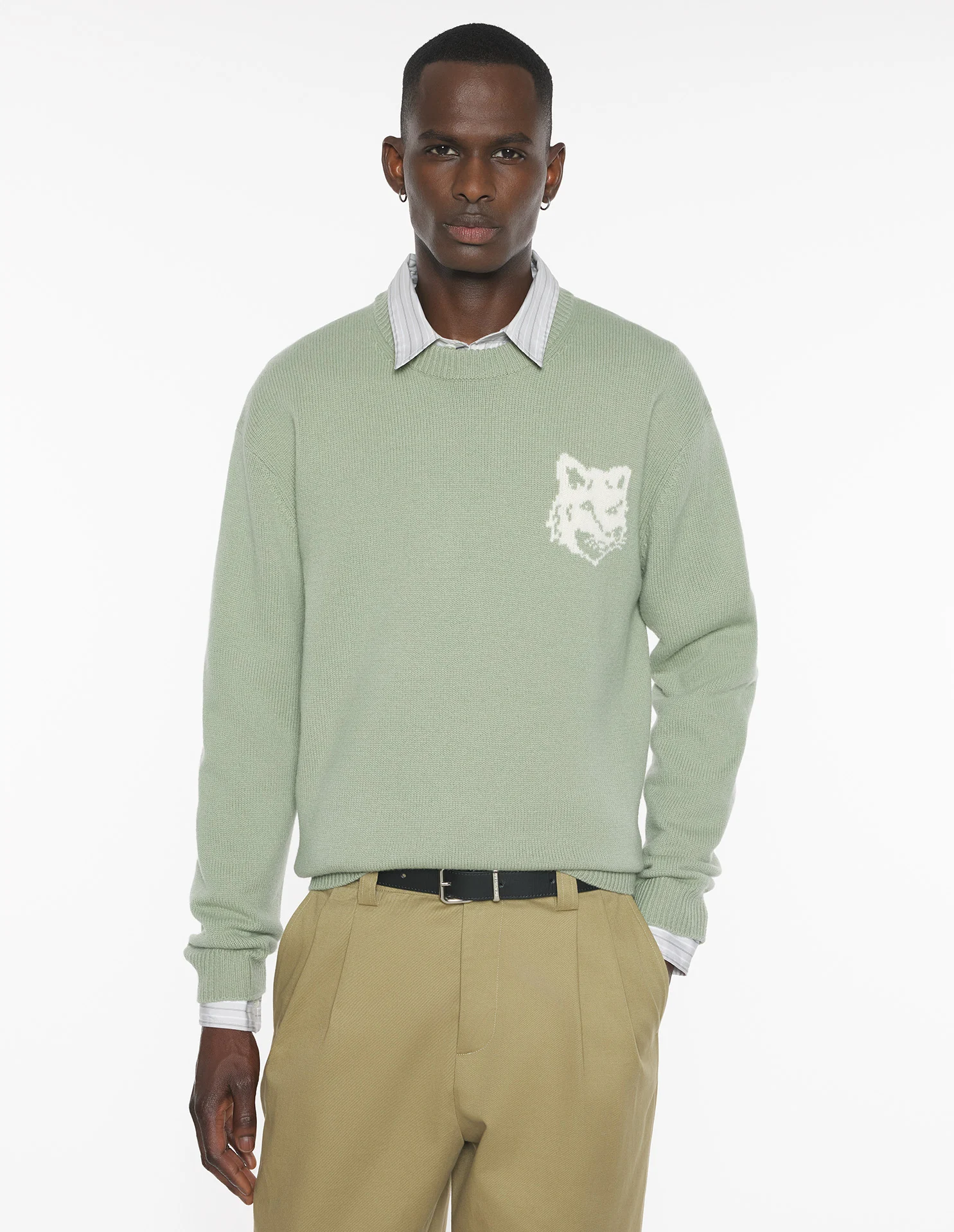 フォックスヘッド インターシャ メリノ ジャンパー プルオーバー sage green/ecru