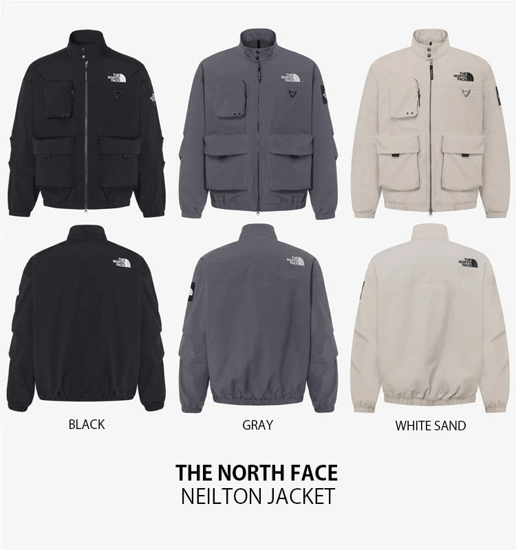ザ・ノース・フェイスのニールトンジャケットは、ロゴ入りのハイカラーウィンドブレーカーで、カジュアルなストリートウェア風デザインが特徴です。ホワイト、ブラック、グレー、ベージュの4色展開。ユニセックス。