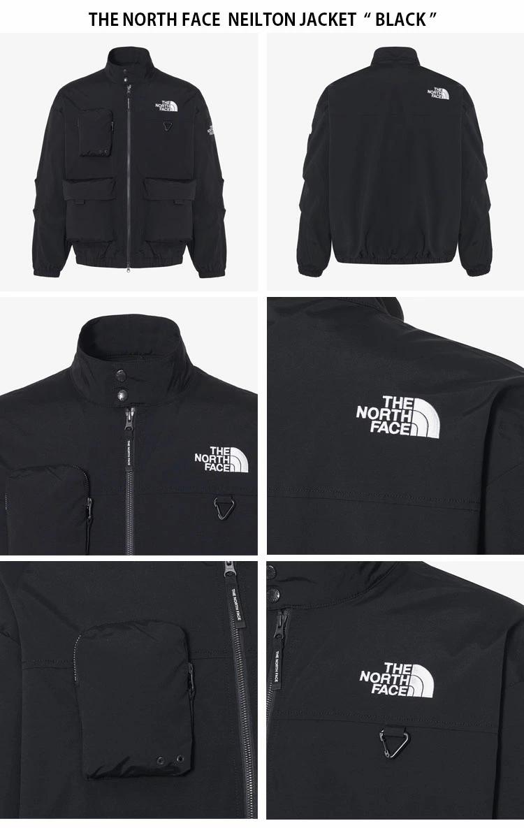 ザ・ノース・フェイスのニールトンジャケットは、ロゴ入りのハイカラーウィンドブレーカーで、カジュアルなストリートウェア風デザインが特徴です。ホワイト、ブラック、グレー、ベージュの4色展開。ユニセックス。