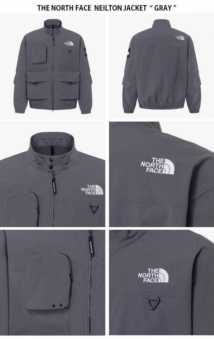 ザ・ノース・フェイスのニールトンジャケットは、ロゴ入りのハイカラーウィンドブレーカーで、カジュアルなストリートウェア風デザインが特徴です。ホワイト、ブラック、グレー、ベージュの4色展開。ユニセックス。